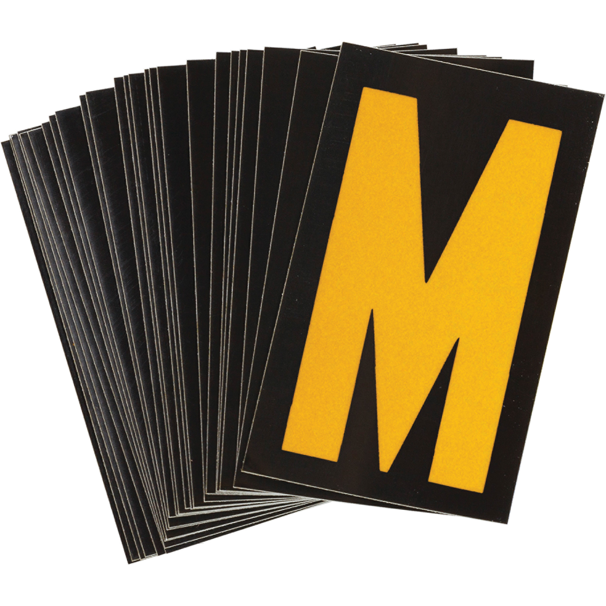 Étiquettes de lettres & chiffres réfléchissants individuels, M, 1-1/2" h, Jaune sur noir
