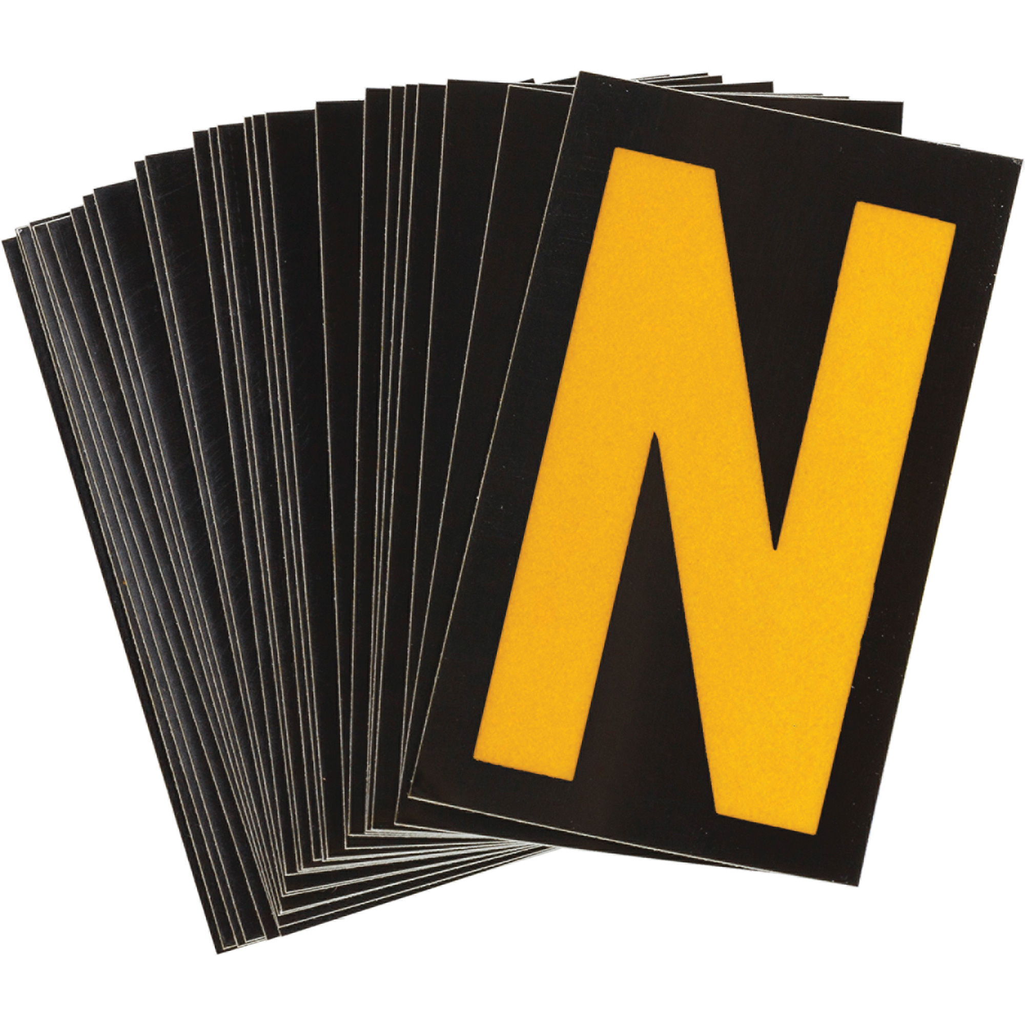 Étiquettes de lettres & chiffres réfléchissants individuels, N, 1-1/2" h, Jaune sur noir