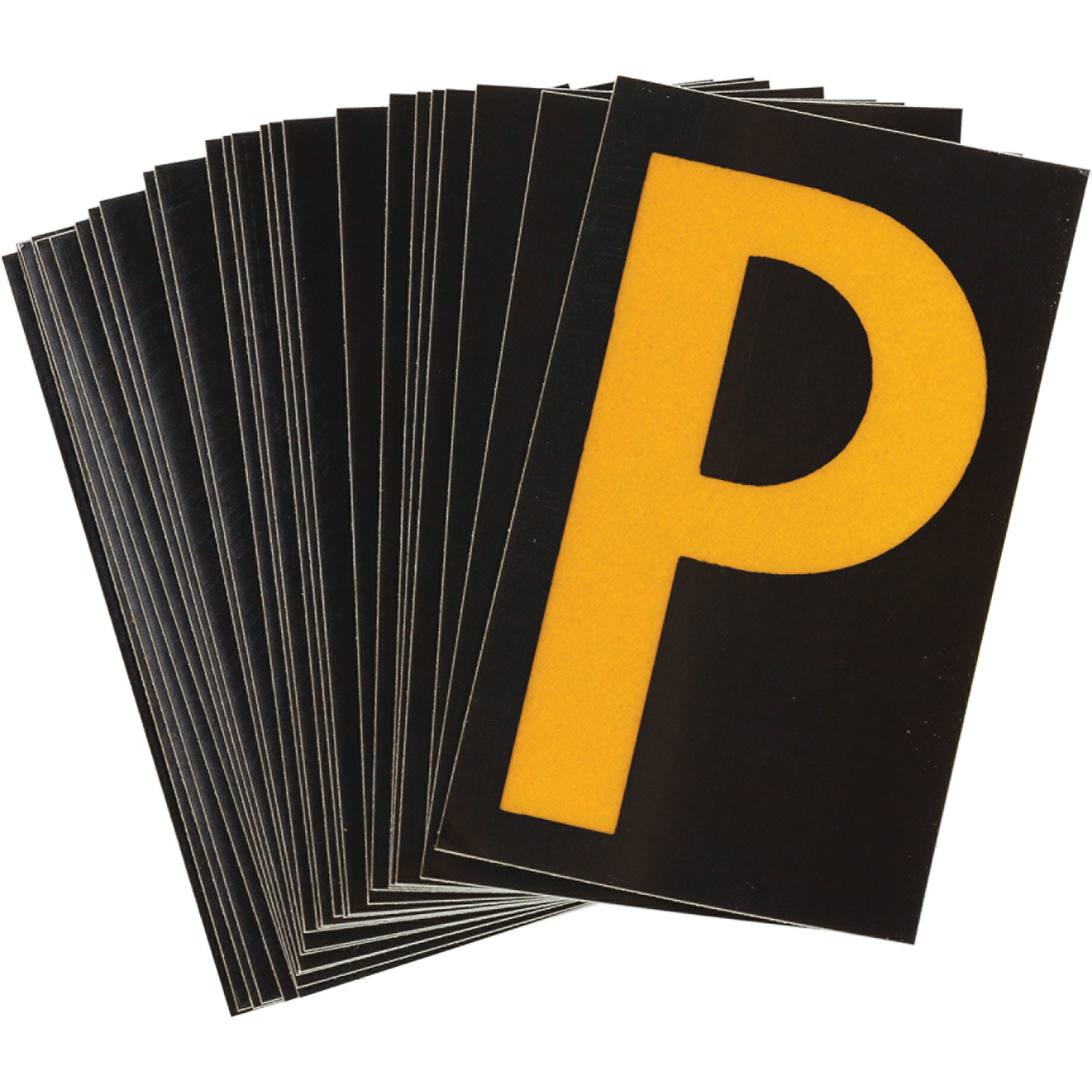 Étiquettes de lettres & chiffres réfléchissants individuels, P, 1-1/2" h, Jaune sur noir