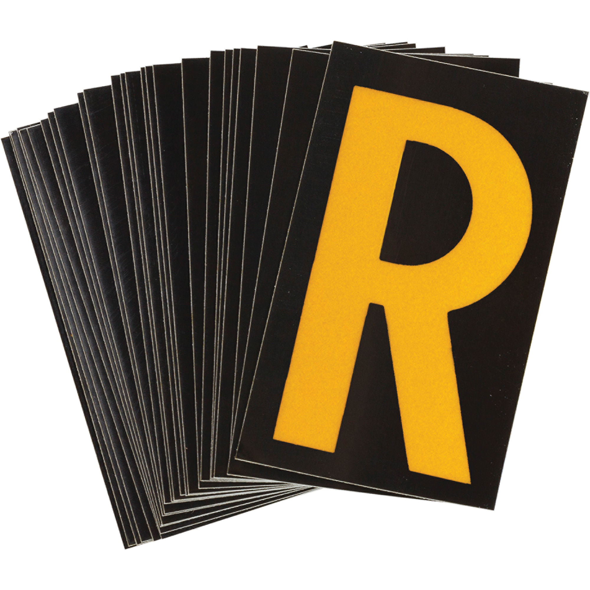Étiquettes de lettres & chiffres réfléchissants individuels, R, 1-1/2" h, Jaune sur noir