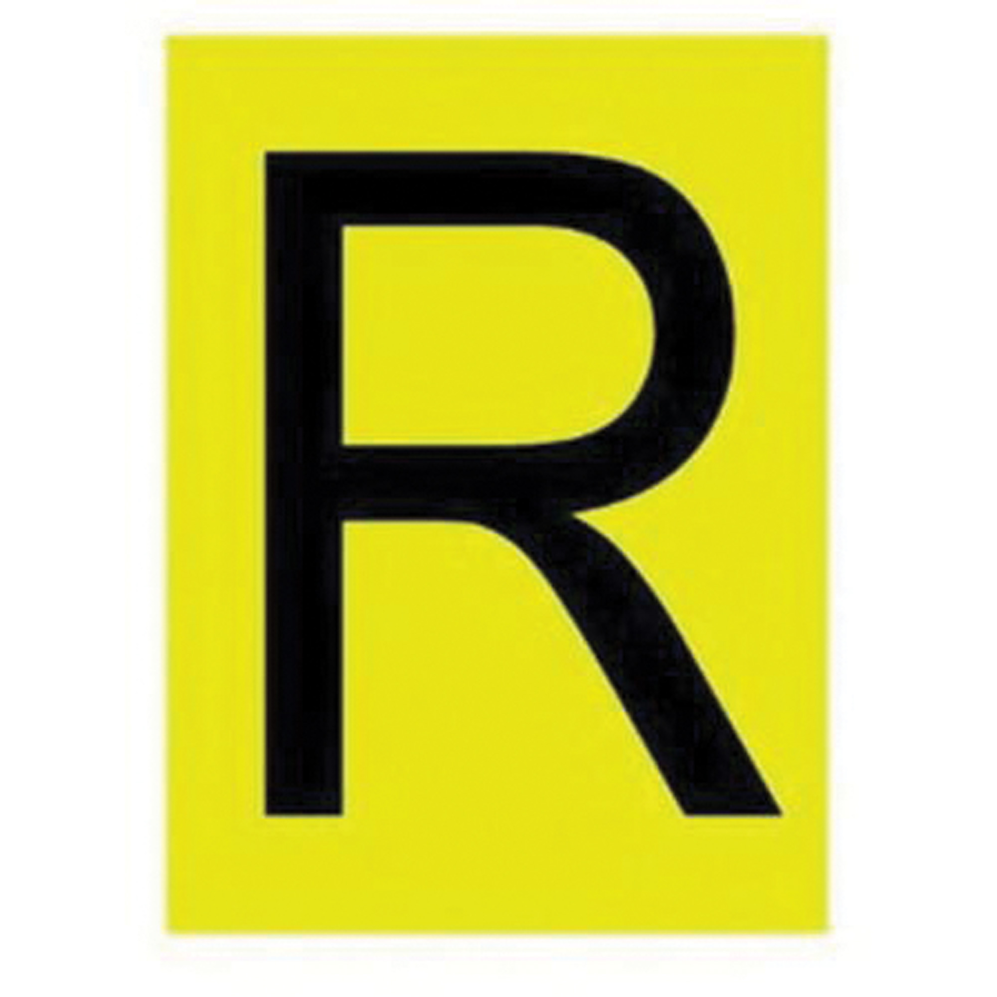 Étiquettes de lettres & chiffres réfléchissants individuels, R, 1" h, Noir sur jaune