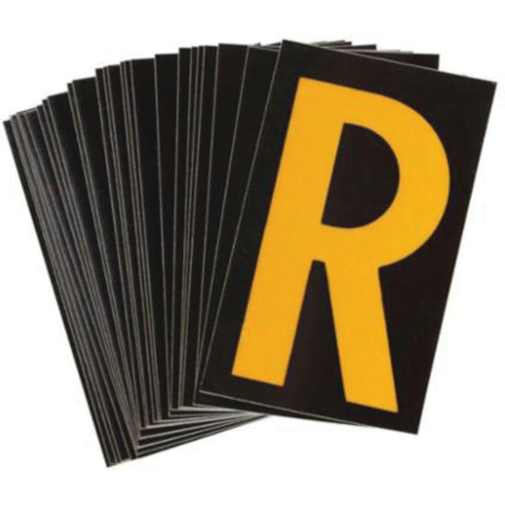 Étiquettes de lettres & chiffres réfléchissants individuels, R, 2-1/2" h, Jaune sur noir