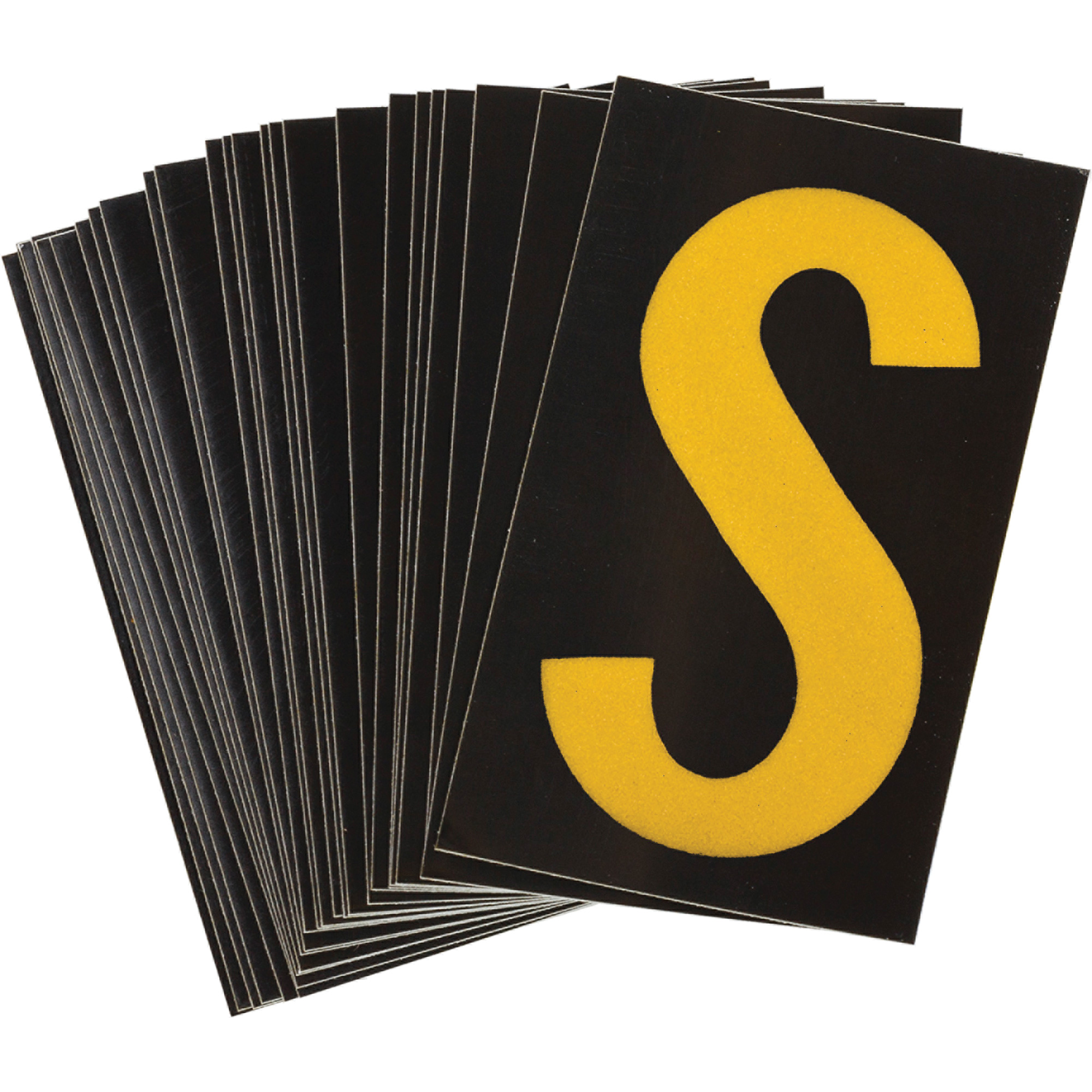 Étiquettes de lettres & chiffres réfléchissants individuels, S, 1-1/2" h, Jaune sur noir