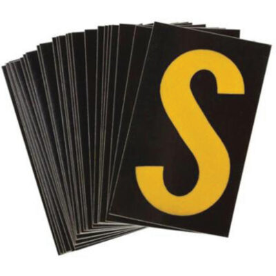 Étiquettes de lettres & chiffres réfléchissants individuels, S, 2-1/2" h, Jaune sur noir