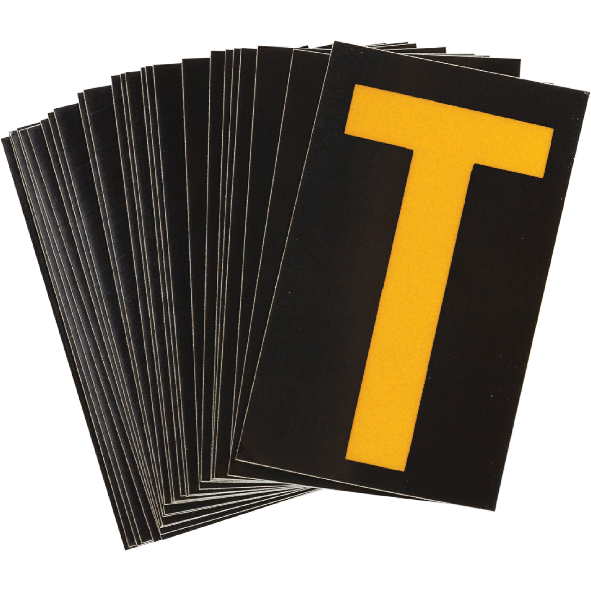 Étiquettes de lettres & chiffres réfléchissants individuels, T, 1-1/2" h, Jaune sur noir
