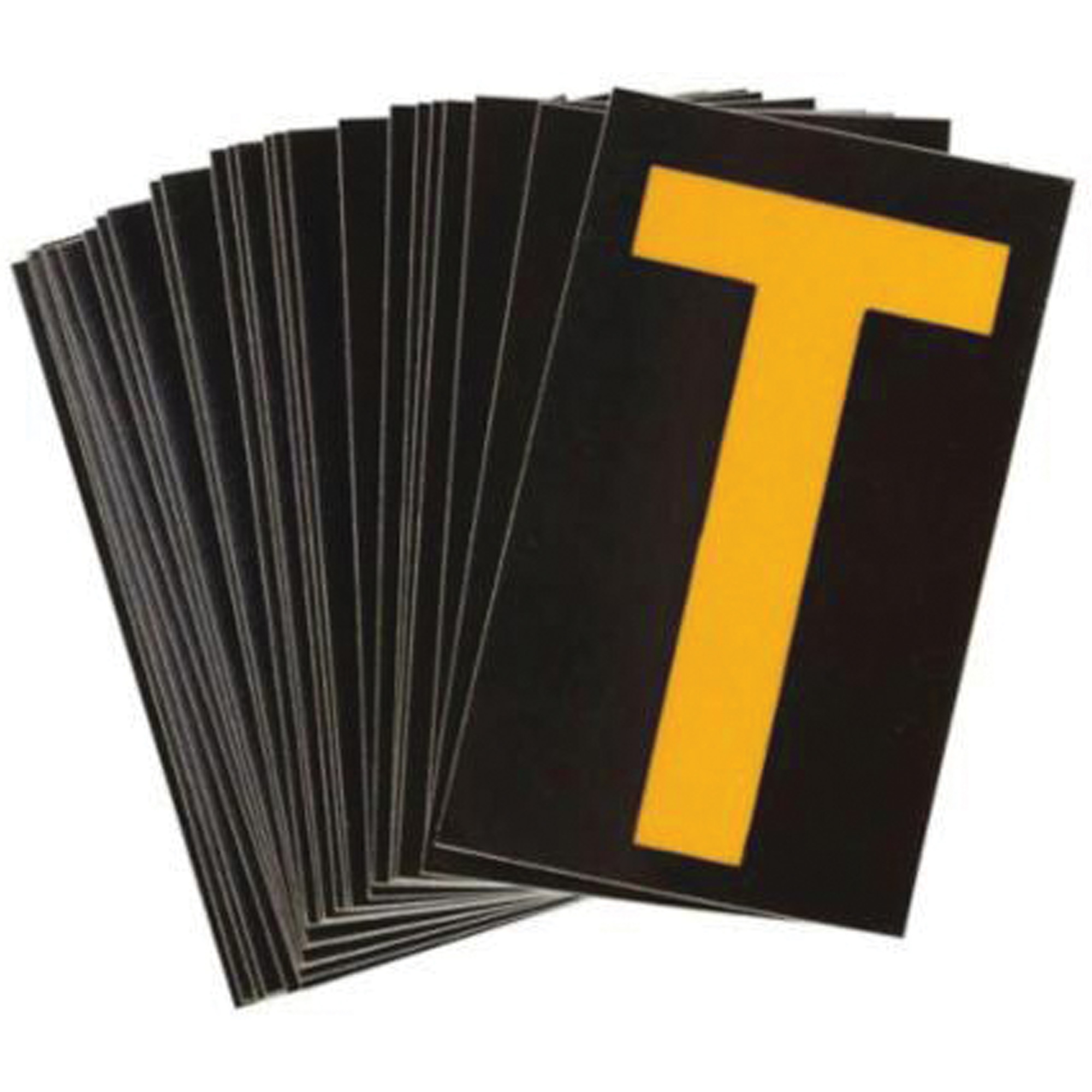 Étiquettes de lettres & chiffres réfléchissants individuels, T, 2-1/2" h, Jaune sur noir