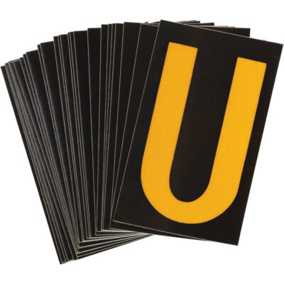 Étiquettes de lettres & chiffres réfléchissants individuels, U, 1-1/2" h, Jaune sur noir