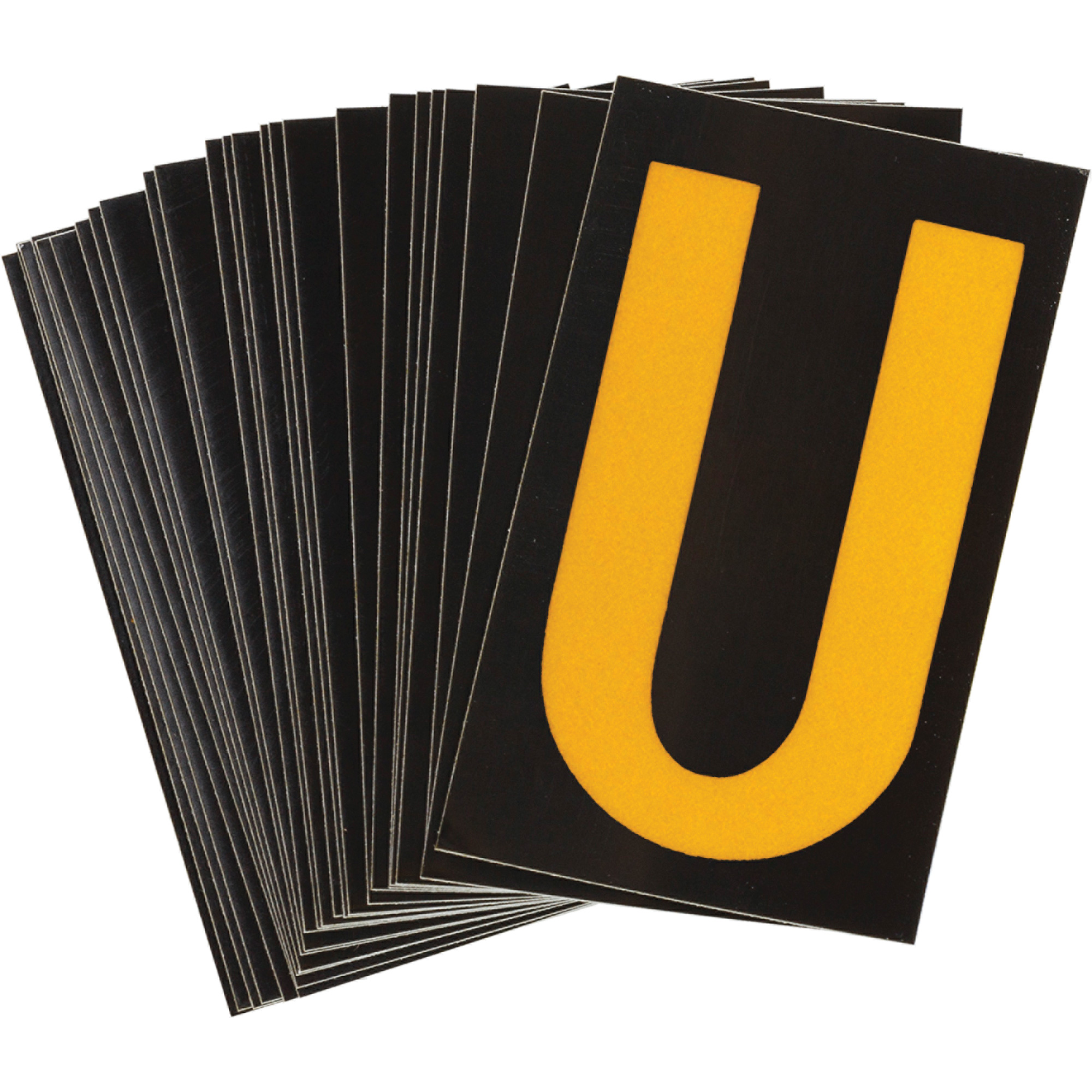 Étiquettes de lettres & chiffres réfléchissants individuels, U, 1-1/2" h, Jaune sur noir