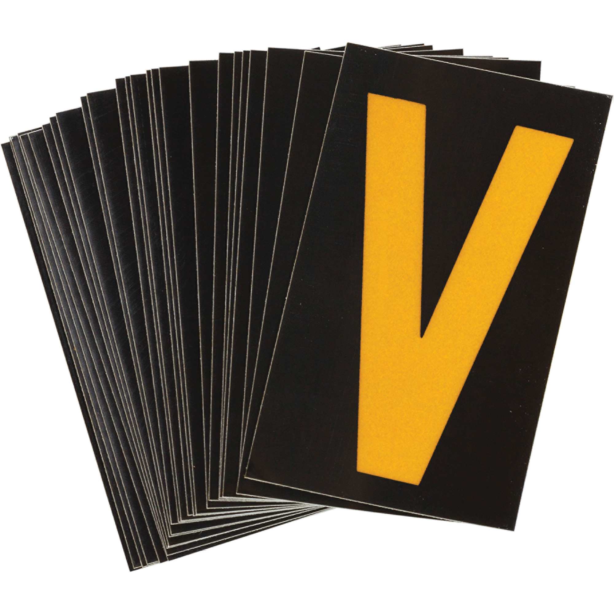 Étiquettes de lettres & chiffres réfléchissants individuels, V, 1-1/2" h, Jaune sur noir