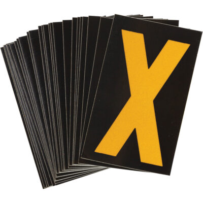 Étiquettes de lettres & chiffres réfléchissants individuels, X, 1-1/2" h, Jaune sur noir