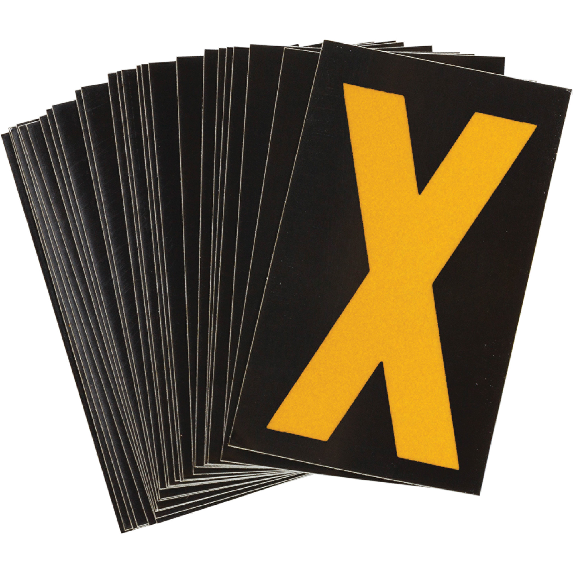 Étiquettes de lettres & chiffres réfléchissants individuels, X, 1-1/2" h, Jaune sur noir