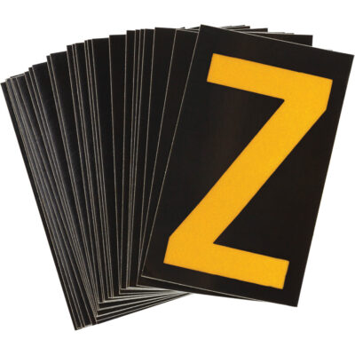 Étiquettes de lettres & chiffres réfléchissants individuels, Z, 1-1/2" h, Jaune sur noir
