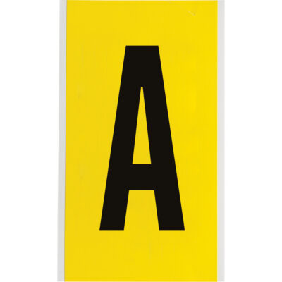 Étiquettes de lettres et chiffres individuels repositionnables, A, 6" h, Noir sur jaune