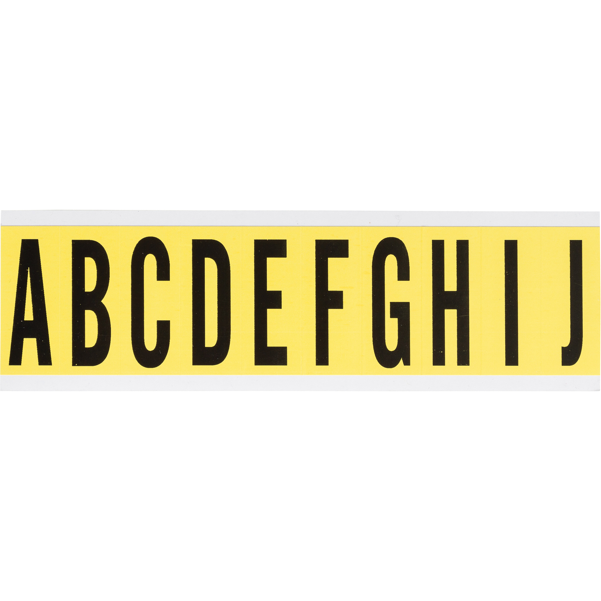 Étiquettes de lettres et chiffres individuels repositionnables, A/B/C/D/E/F/G/H/I/J, 2" h, Noir sur jaune