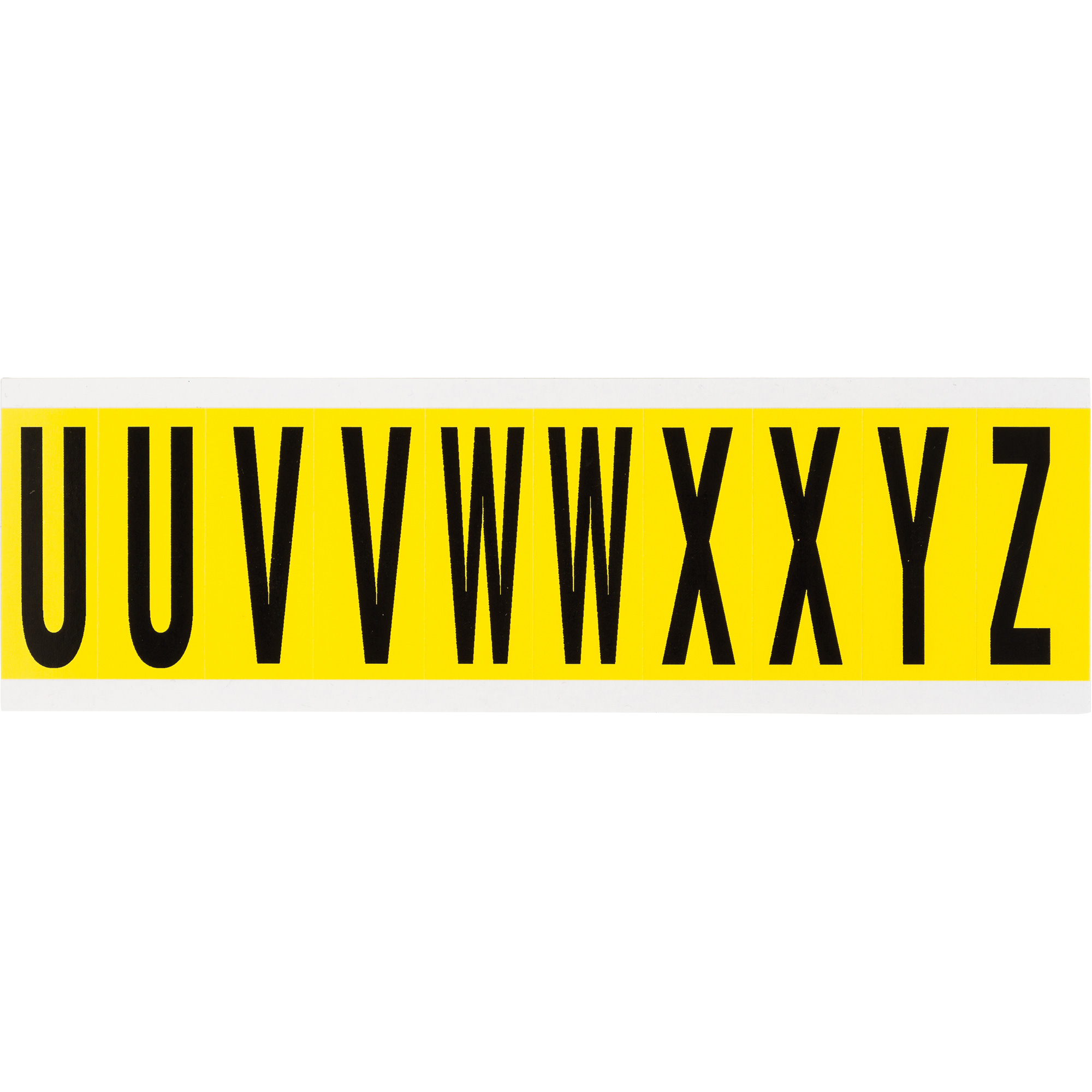 Étiquettes de lettres et chiffres individuels repositionnables, U/V/W/X/Y/Z, 2" h, Noir sur jaune