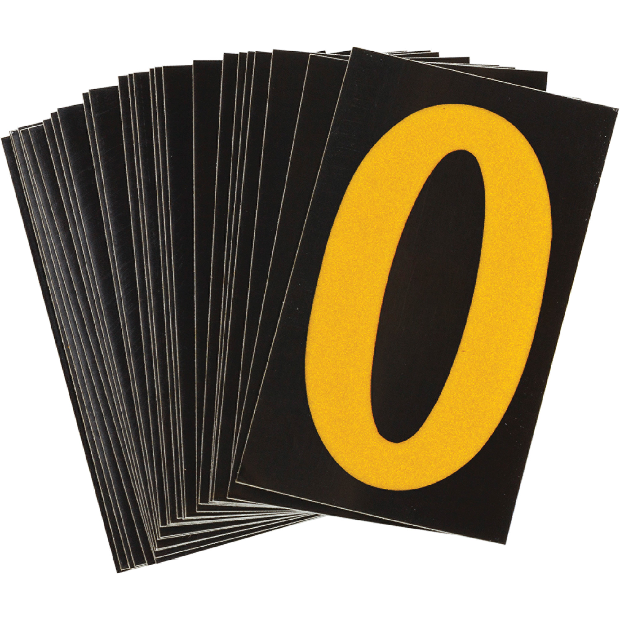 Étiquettes de lettres et chiffres réfléchissants individuels, 0, 1-1/2" h, Jaune sur noir