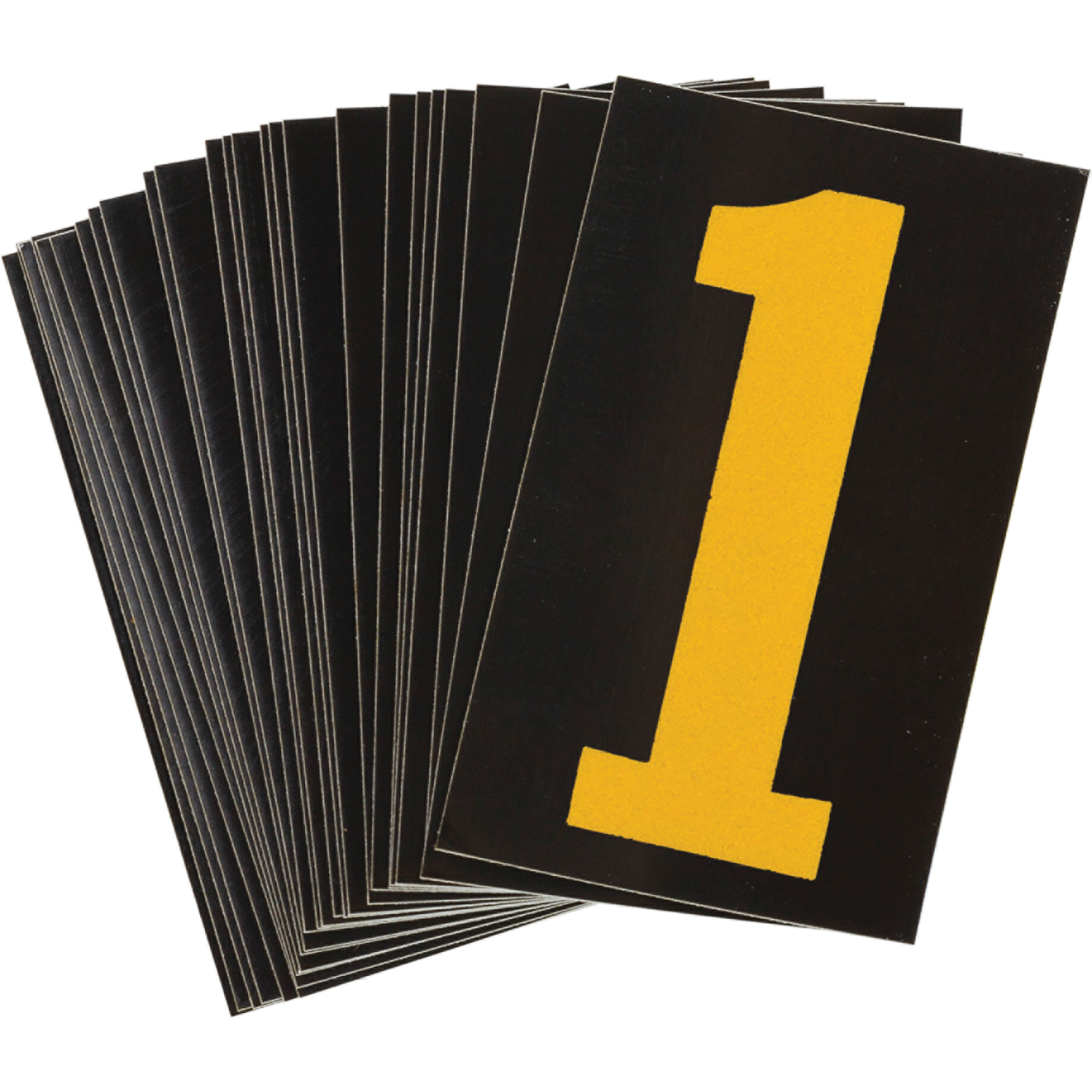 Étiquettes de lettres et chiffres réfléchissants individuels, 1, 1-1/2" h, Jaune sur noir