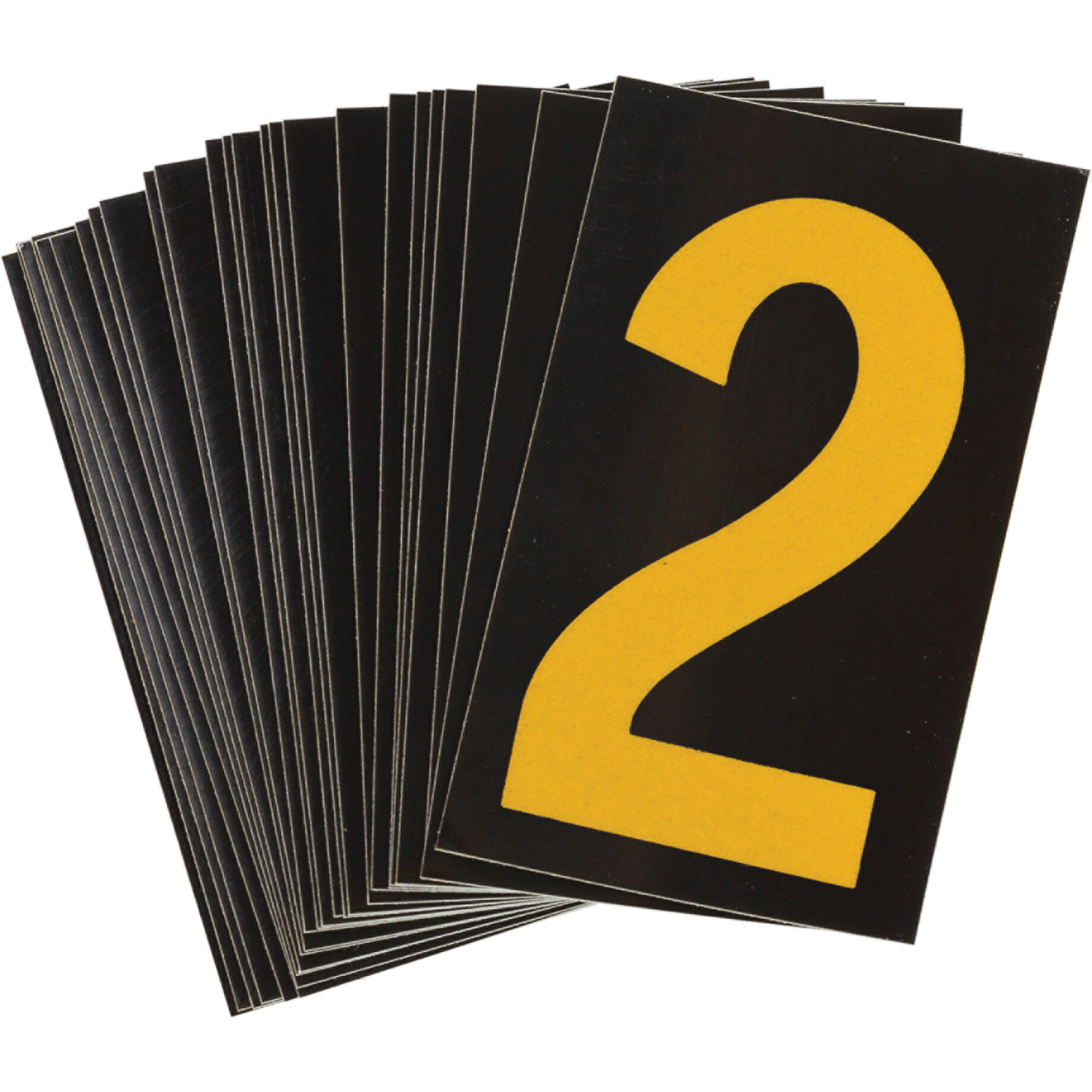 Étiquettes de lettres et chiffres réfléchissants individuels, 2, 1-1/2" h, Jaune sur noir