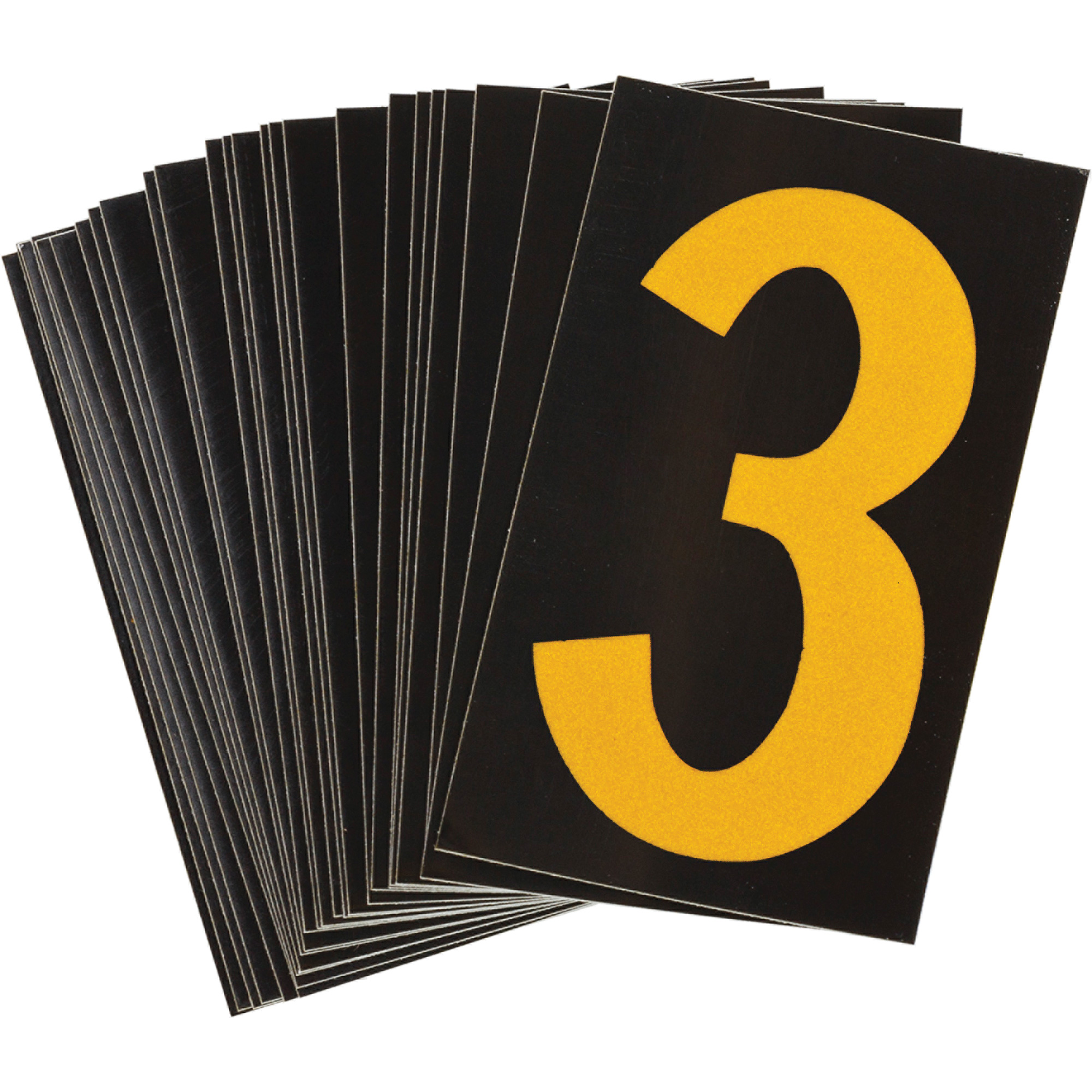 Étiquettes de lettres et chiffres réfléchissants individuels, 3, 1-1/2" h, Jaune sur noir