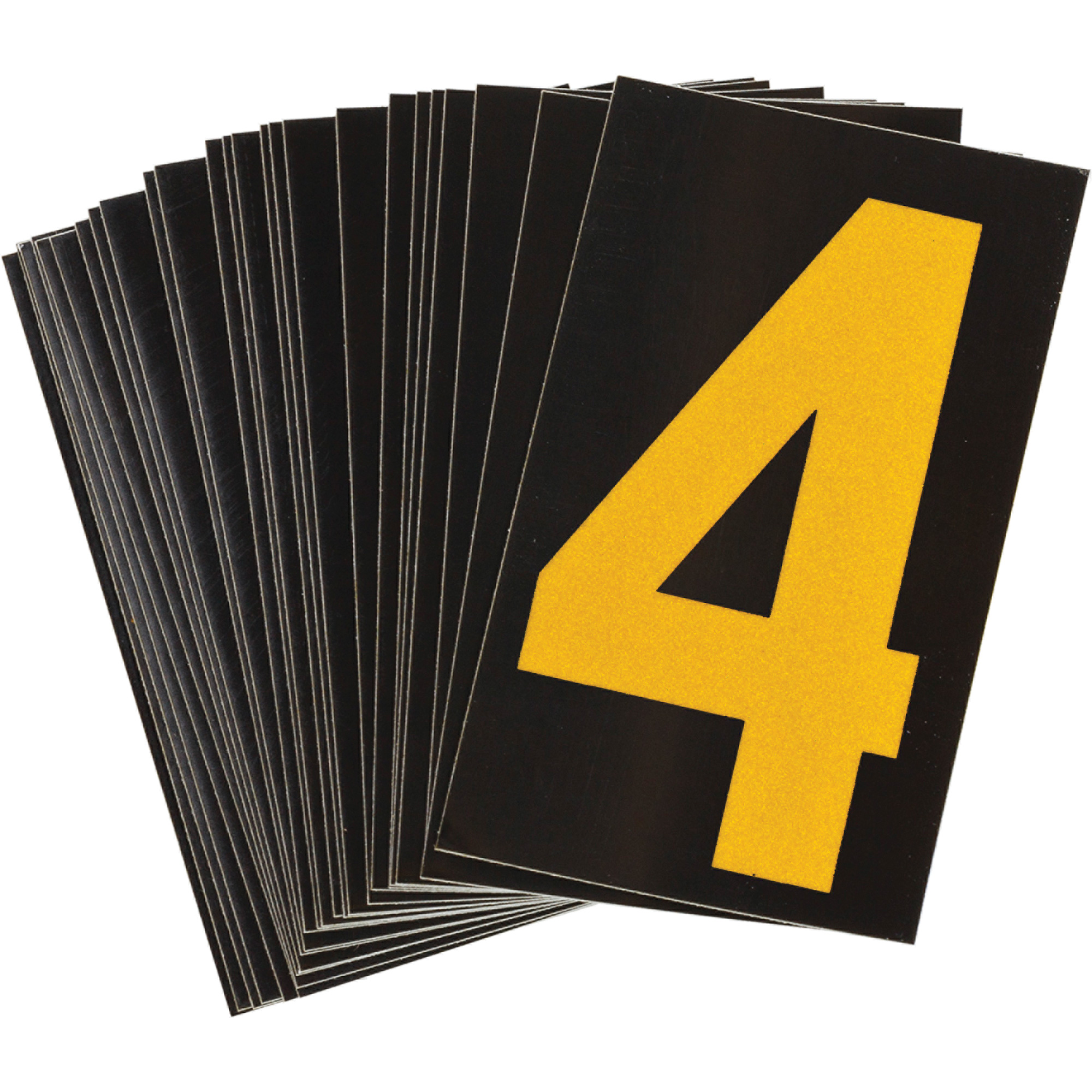 Étiquettes de lettres et chiffres réfléchissants individuels, 4, 1-1/2" h, Jaune sur noir