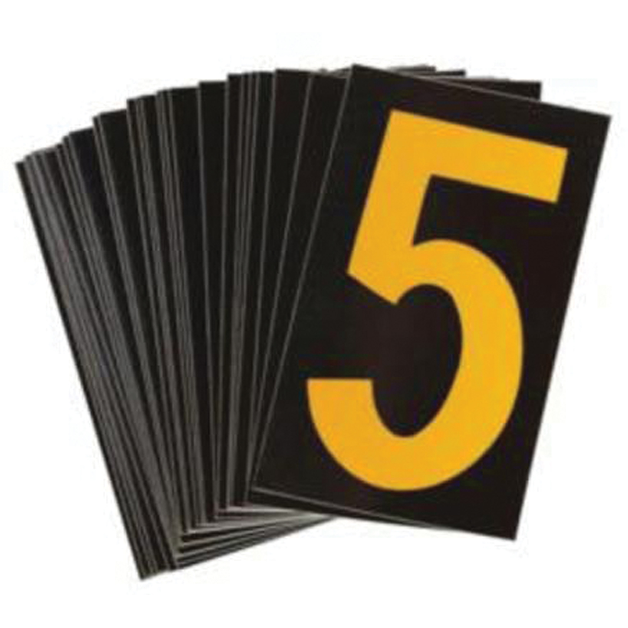 Étiquettes de lettres et chiffres réfléchissants individuels, 5, 2-1/2" h, Jaune sur noir