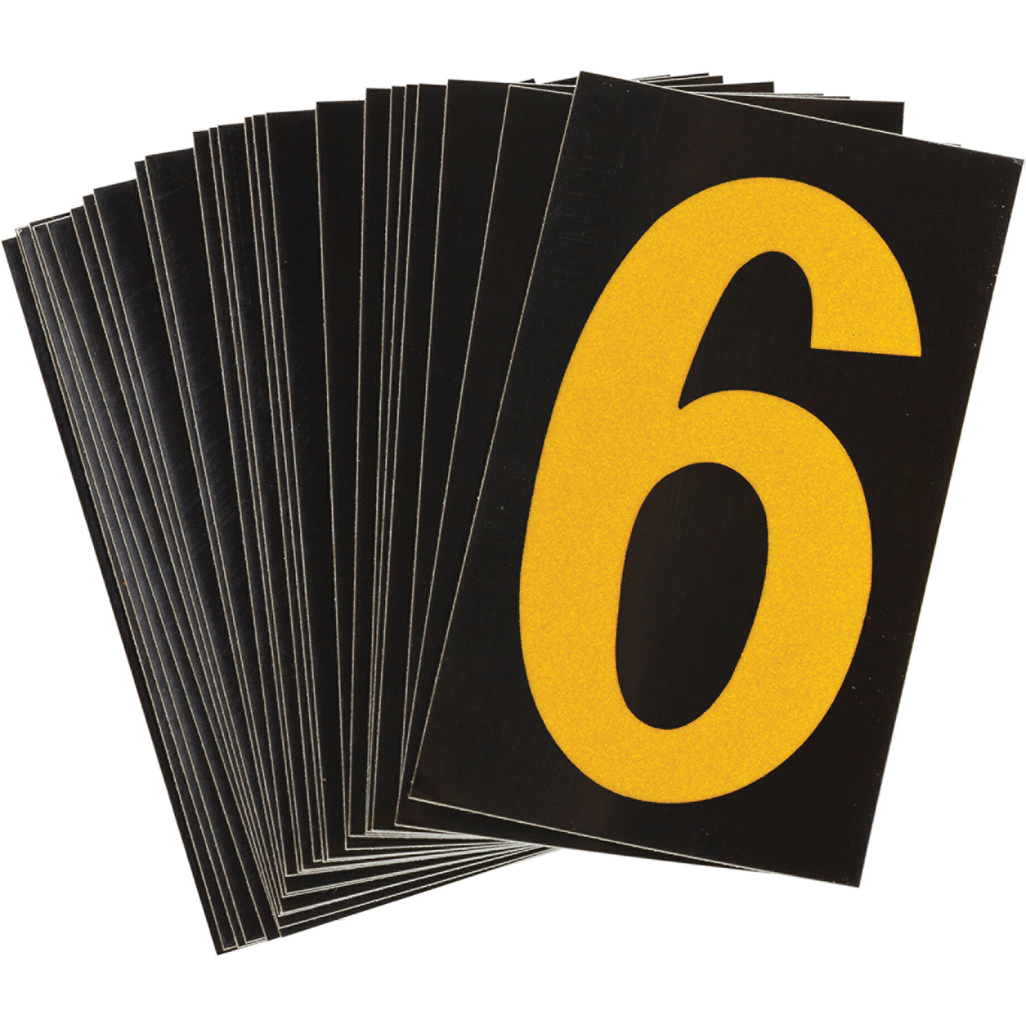 Étiquettes de lettres et chiffres réfléchissants individuels, 6, 1-1/2" h, Jaune sur noir