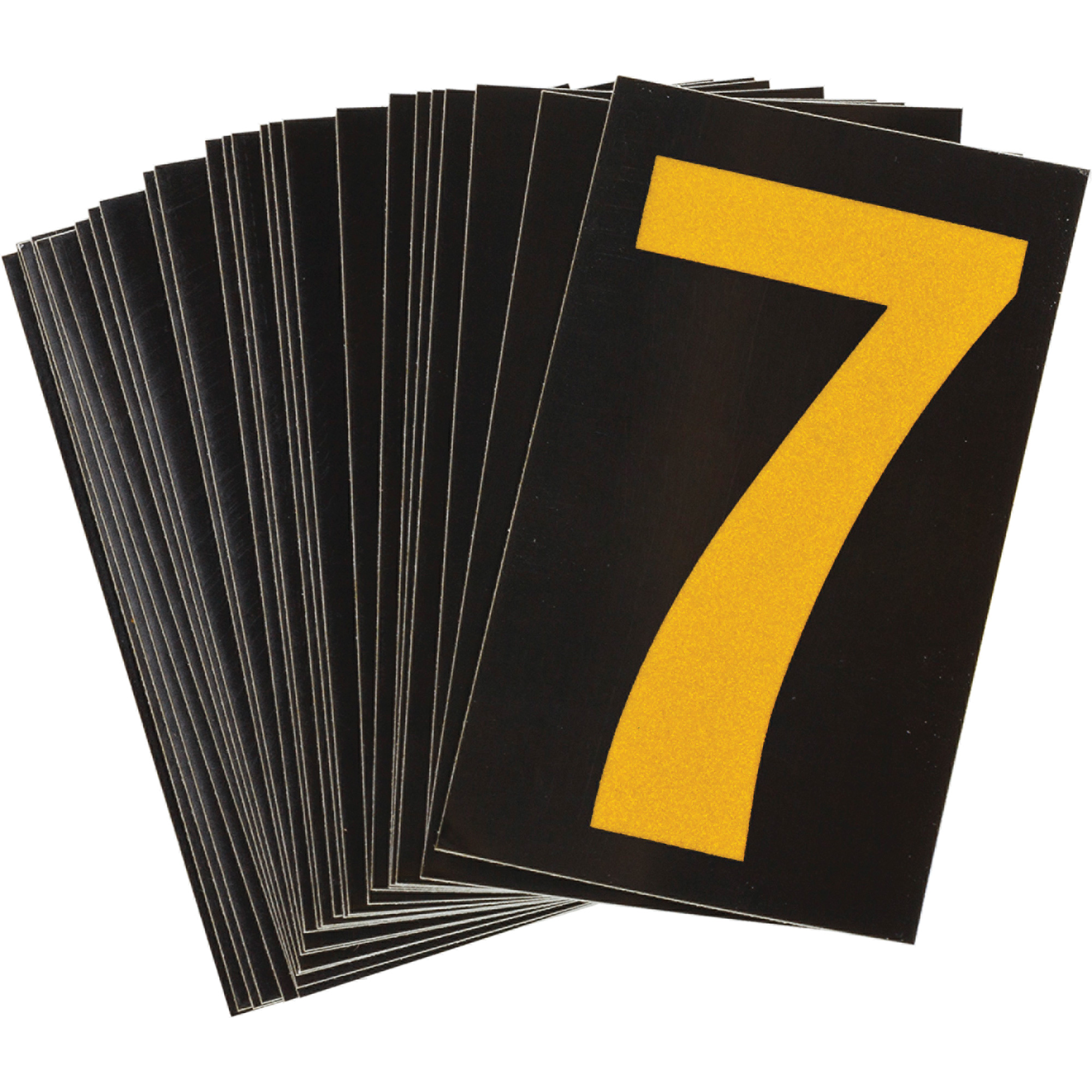 Étiquettes de lettres et chiffres réfléchissants individuels, 7, 1-1/2" h, Jaune sur noir