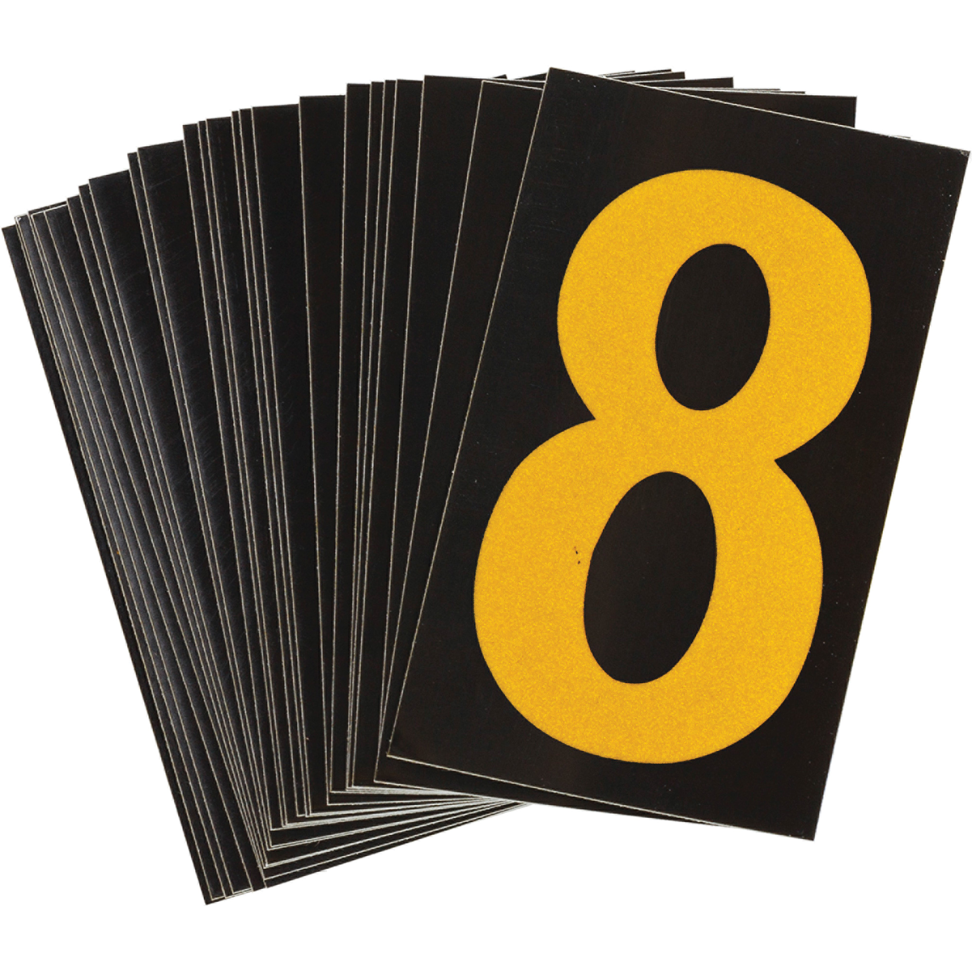 Étiquettes de lettres et chiffres réfléchissants individuels, 8, 1-1/2" h, Jaune sur noir