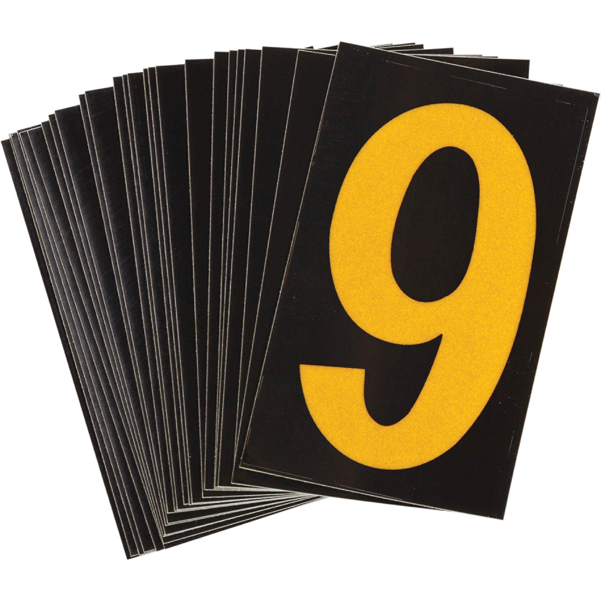 Étiquettes de lettres et chiffres réfléchissants individuels, 9, 1-1/2" h, Jaune sur noir