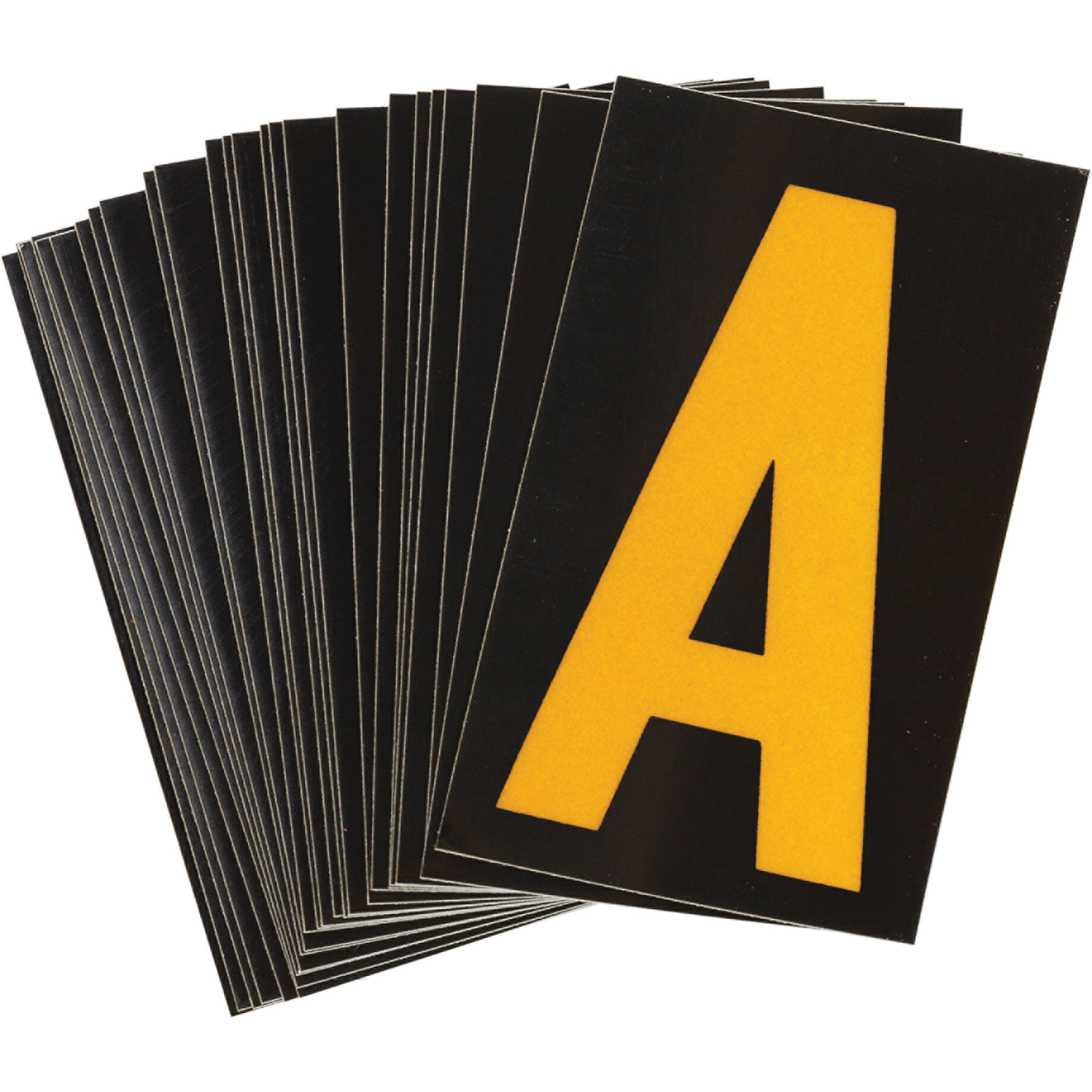 Étiquettes de lettres et chiffres réfléchissants individuels, A, 1-1/2" h, Jaune sur noir