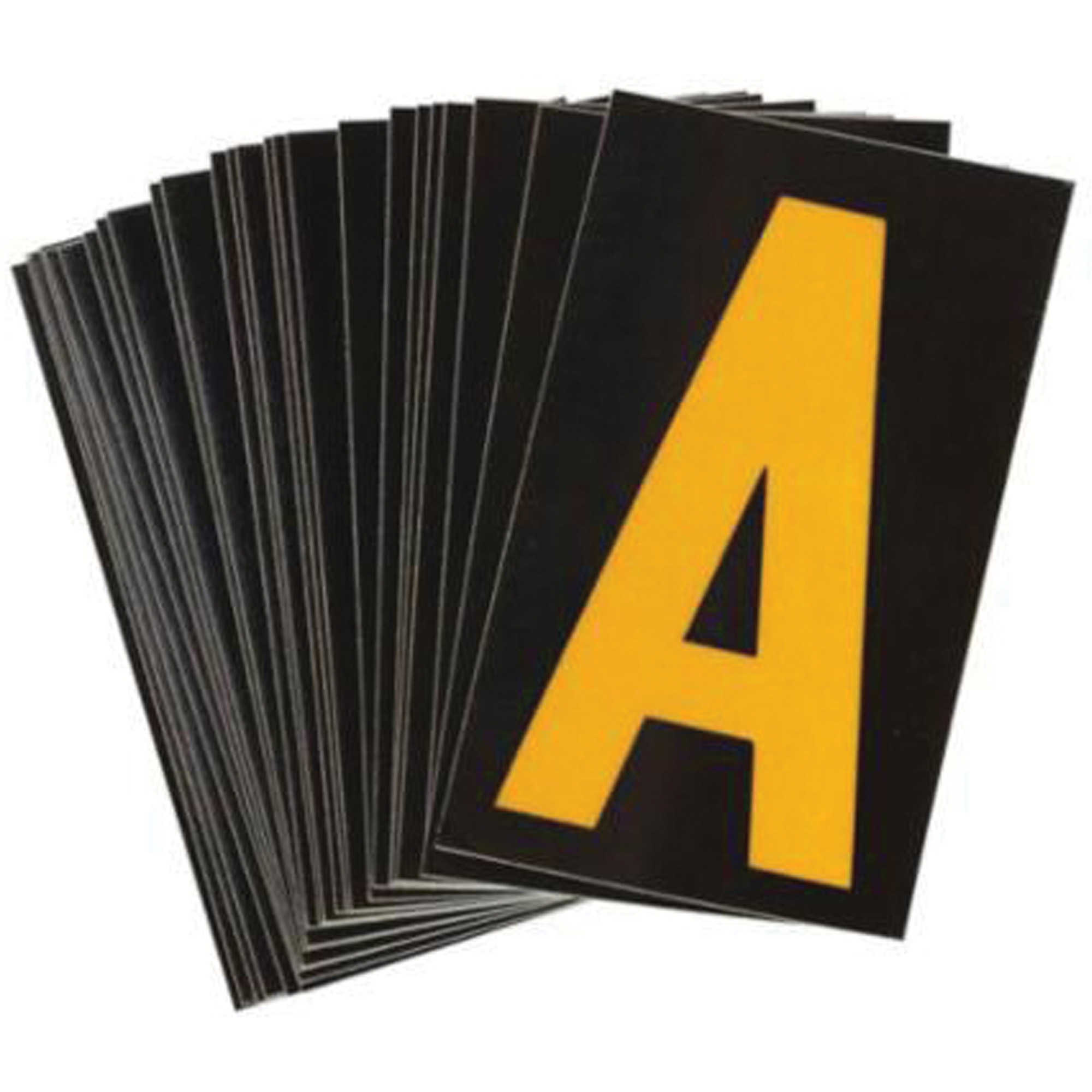 Étiquettes de lettres et chiffres réfléchissants individuels, A, 2-1/2" h, Jaune sur noir
