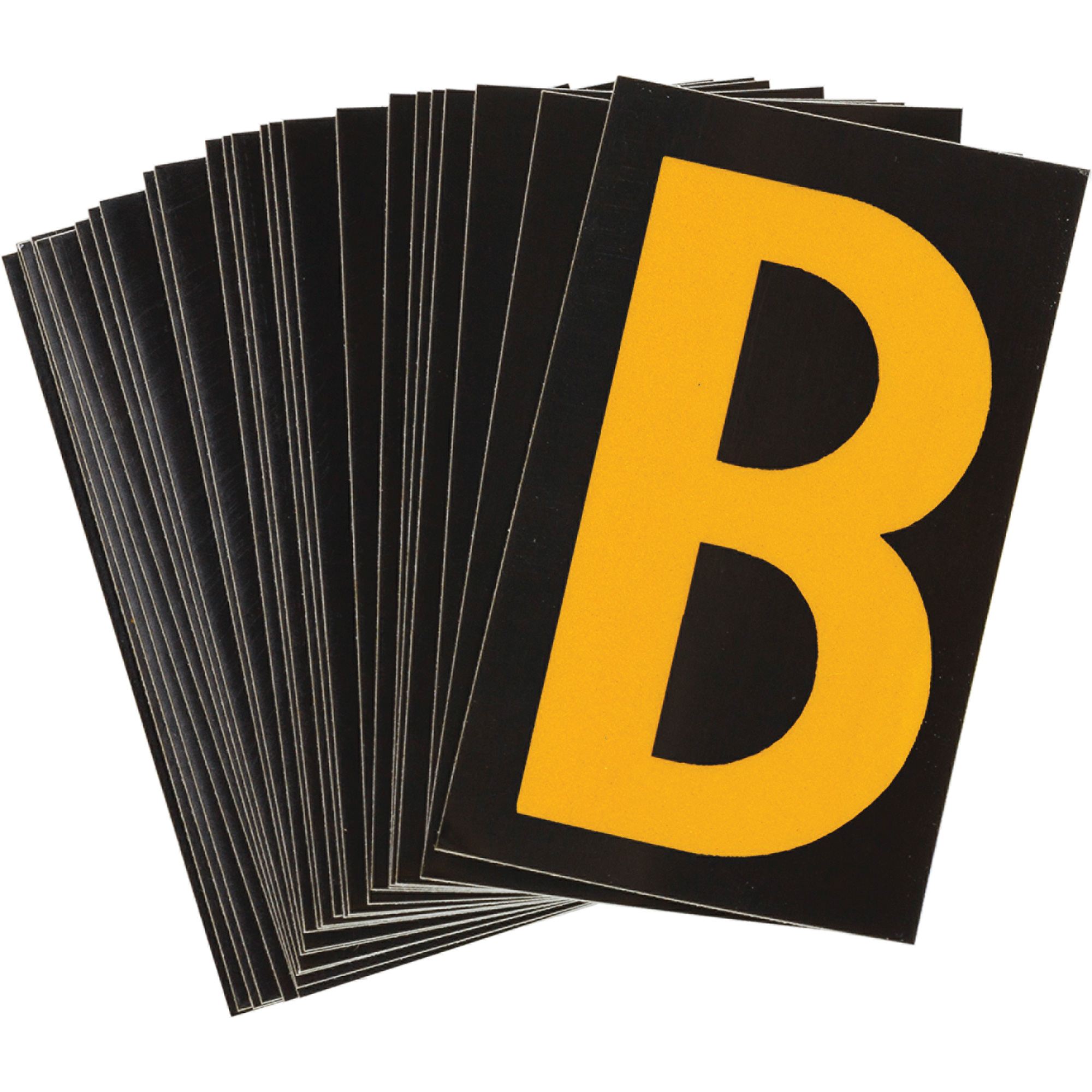 Étiquettes de lettres et chiffres réfléchissants individuels, B, 1-1/2" h, Jaune sur noir