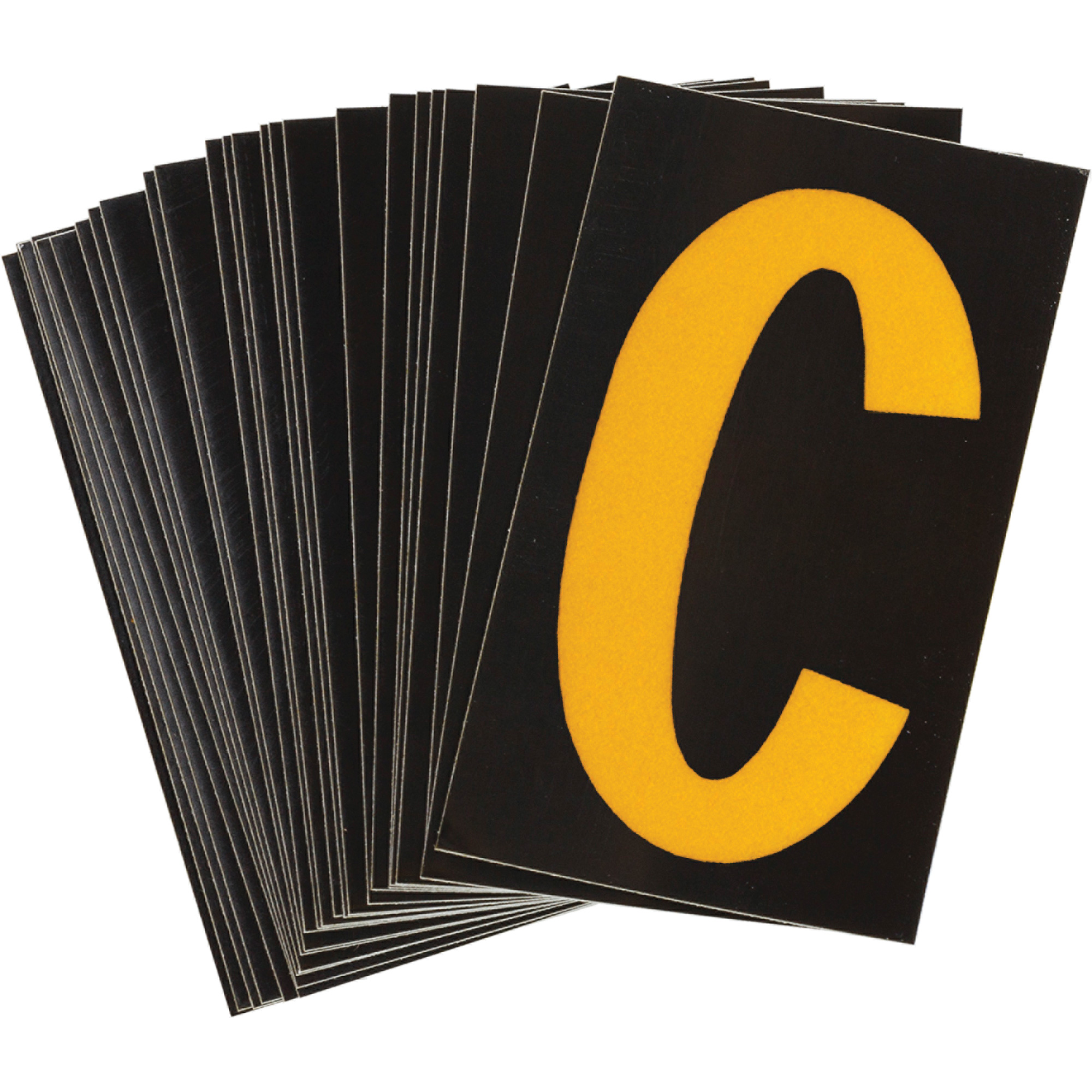 Étiquettes de lettres et chiffres réfléchissants individuels, C, 1-1/2" h, Jaune sur noir