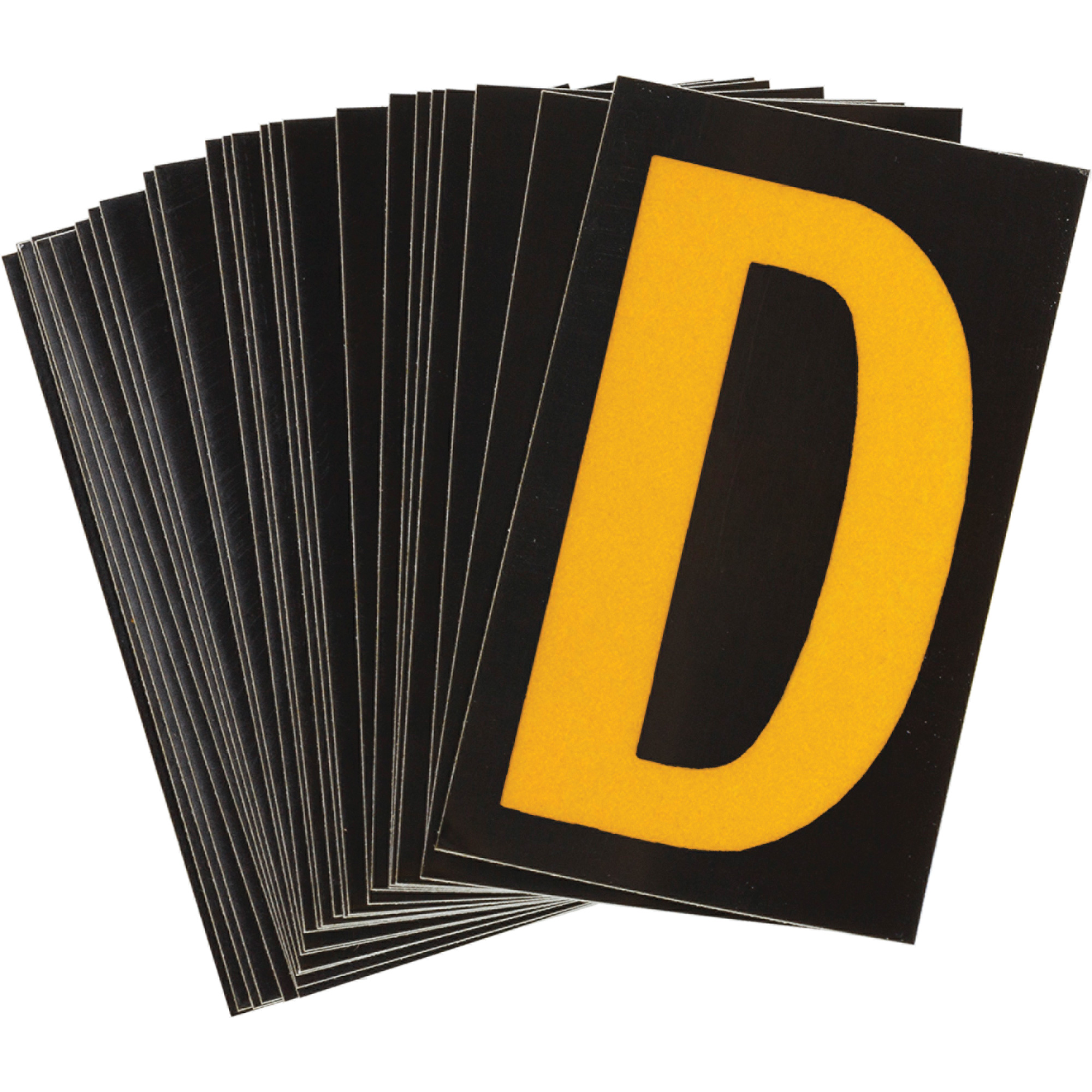 Étiquettes de lettres et chiffres réfléchissants individuels, D, 1-1/2" h, Jaune sur noir