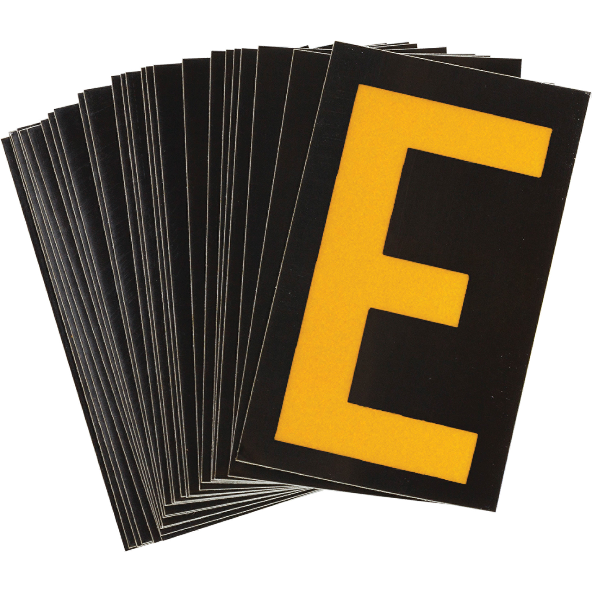 Étiquettes de lettres et chiffres réfléchissants individuels, E, 1-1/2" h, Jaune sur noir