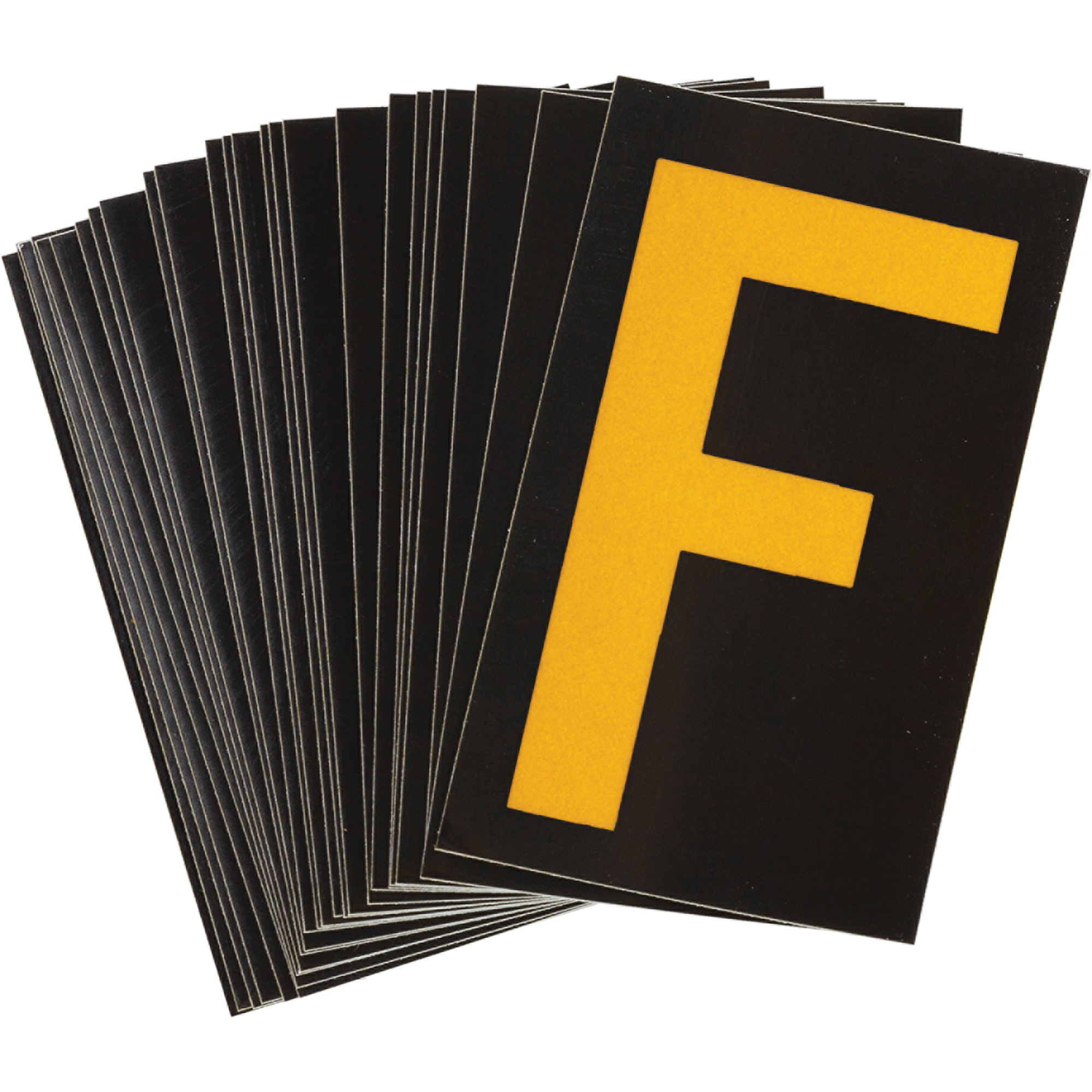 Étiquettes de lettres et chiffres réfléchissants individuels, F, 1-1/2" h, Jaune sur noir