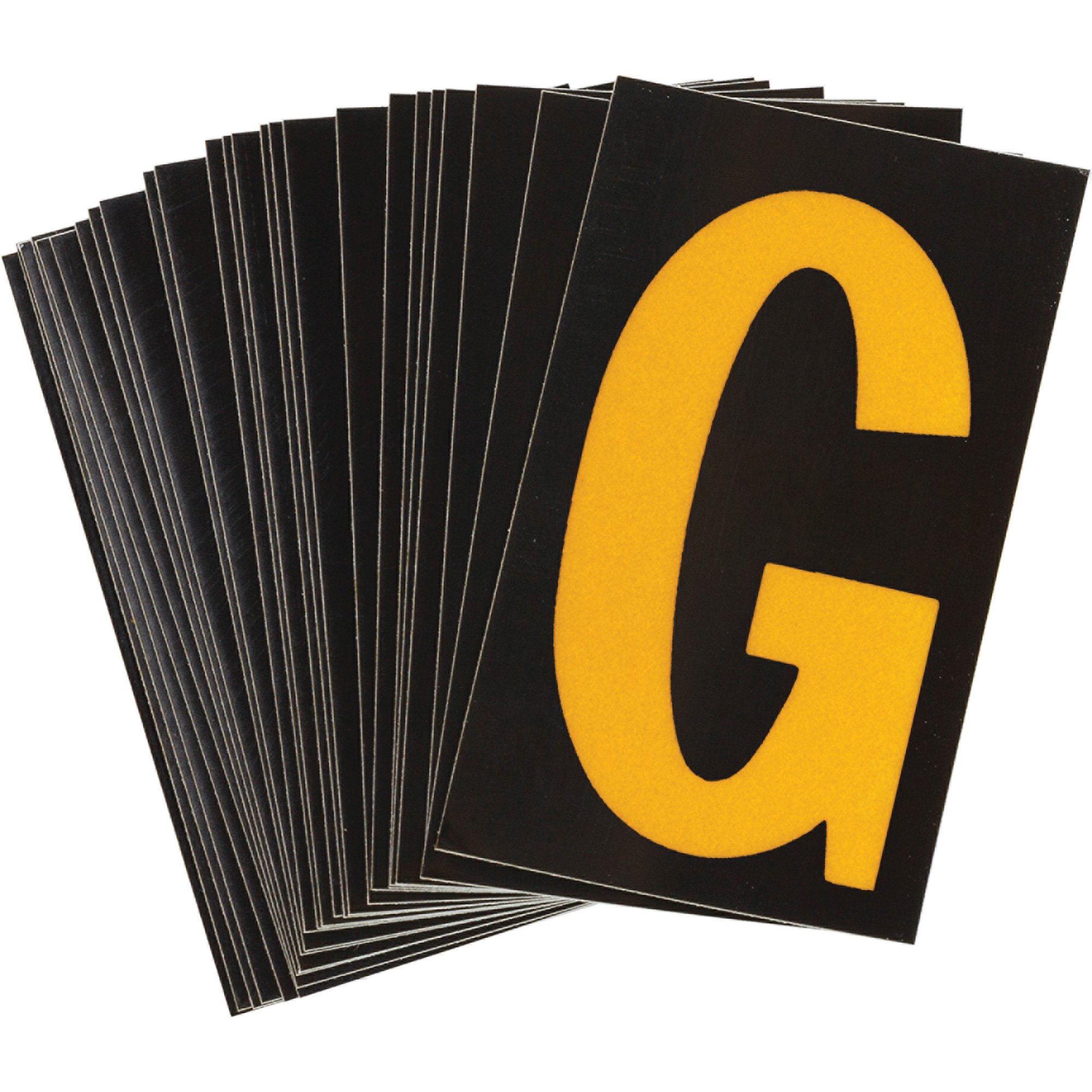 Étiquettes de lettres et chiffres réfléchissants individuels, G, 1-1/2" h, Jaune sur noir