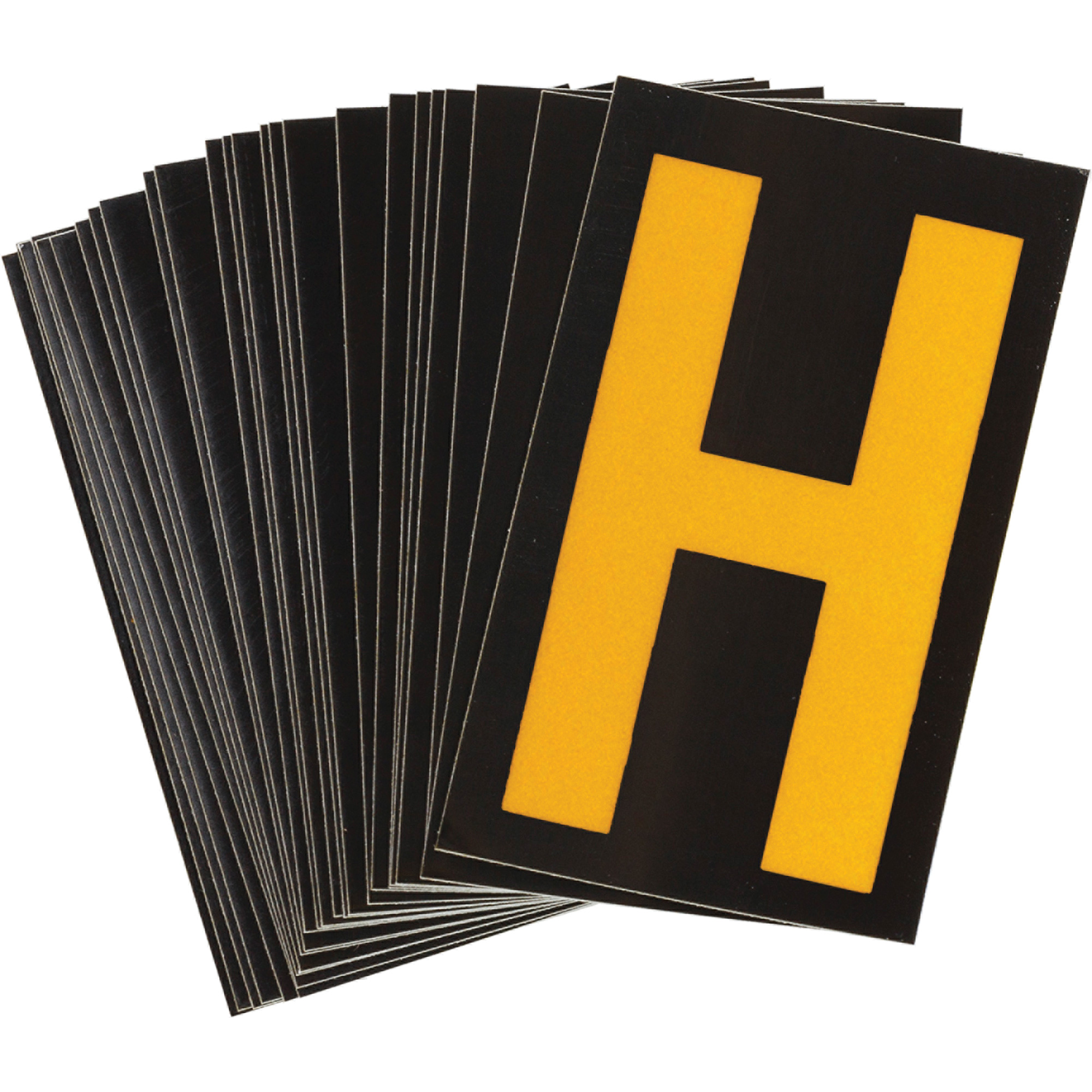 Étiquettes de lettres et chiffres réfléchissants individuels, H, 1-1/2" h, Jaune sur noir