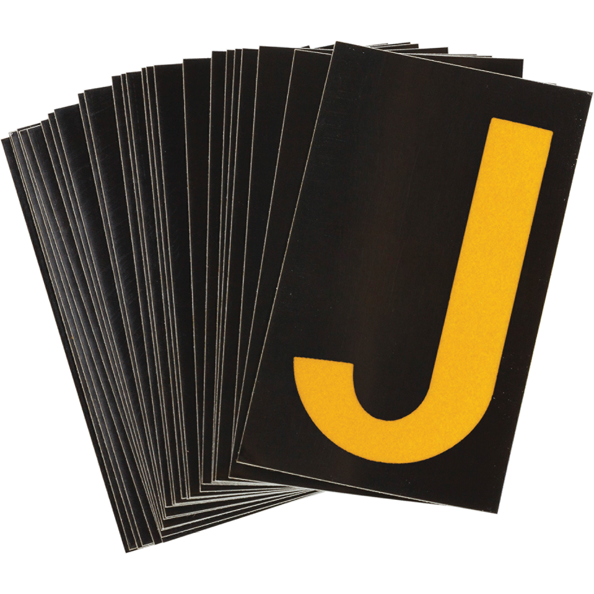 Étiquettes de lettres et chiffres réfléchissants individuels, J, 1-1/2" h, Jaune sur noir