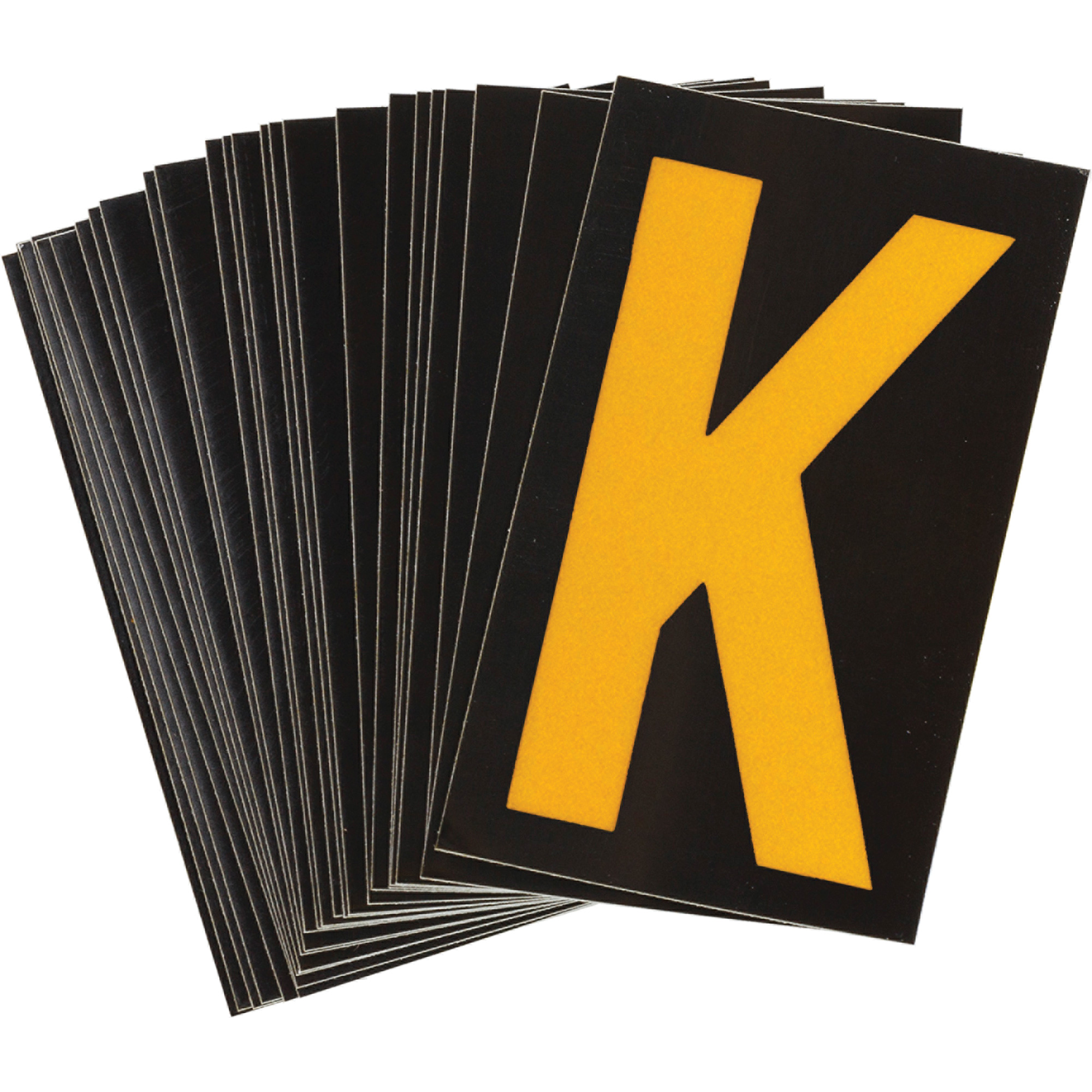 Étiquettes de lettres et chiffres réfléchissants individuels, K, 1-1/2" h, Jaune sur noir