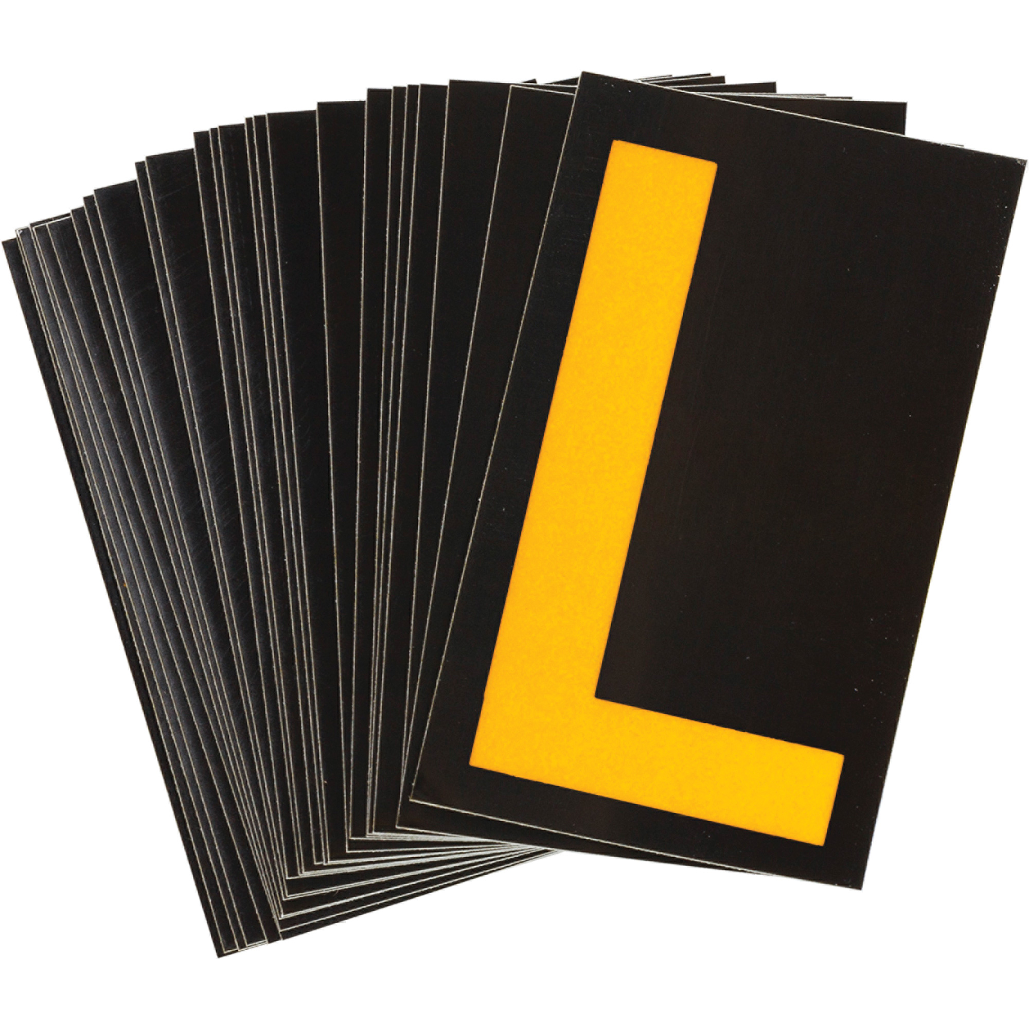 Étiquettes de lettres et chiffres réfléchissants individuels, L, 1-1/2" h, Jaune sur noir