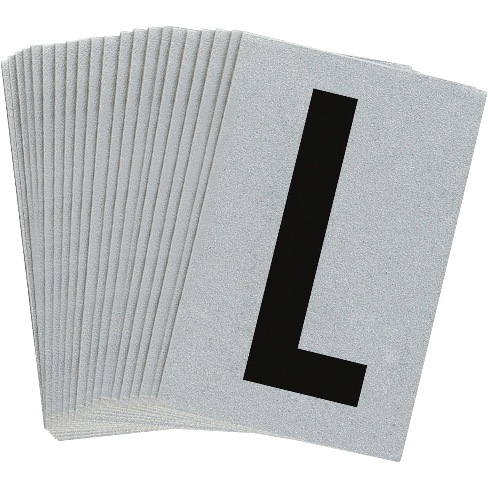 Étiquettes de lettres et chiffres réfléchissants individuels, L, 1" h, Noir sur argent