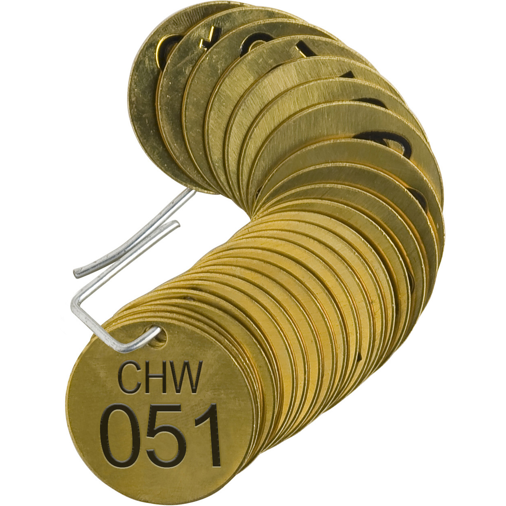 Étiquettes numérotées pour vannes «CHW», # 051-075, Laiton, 1,5" dia.