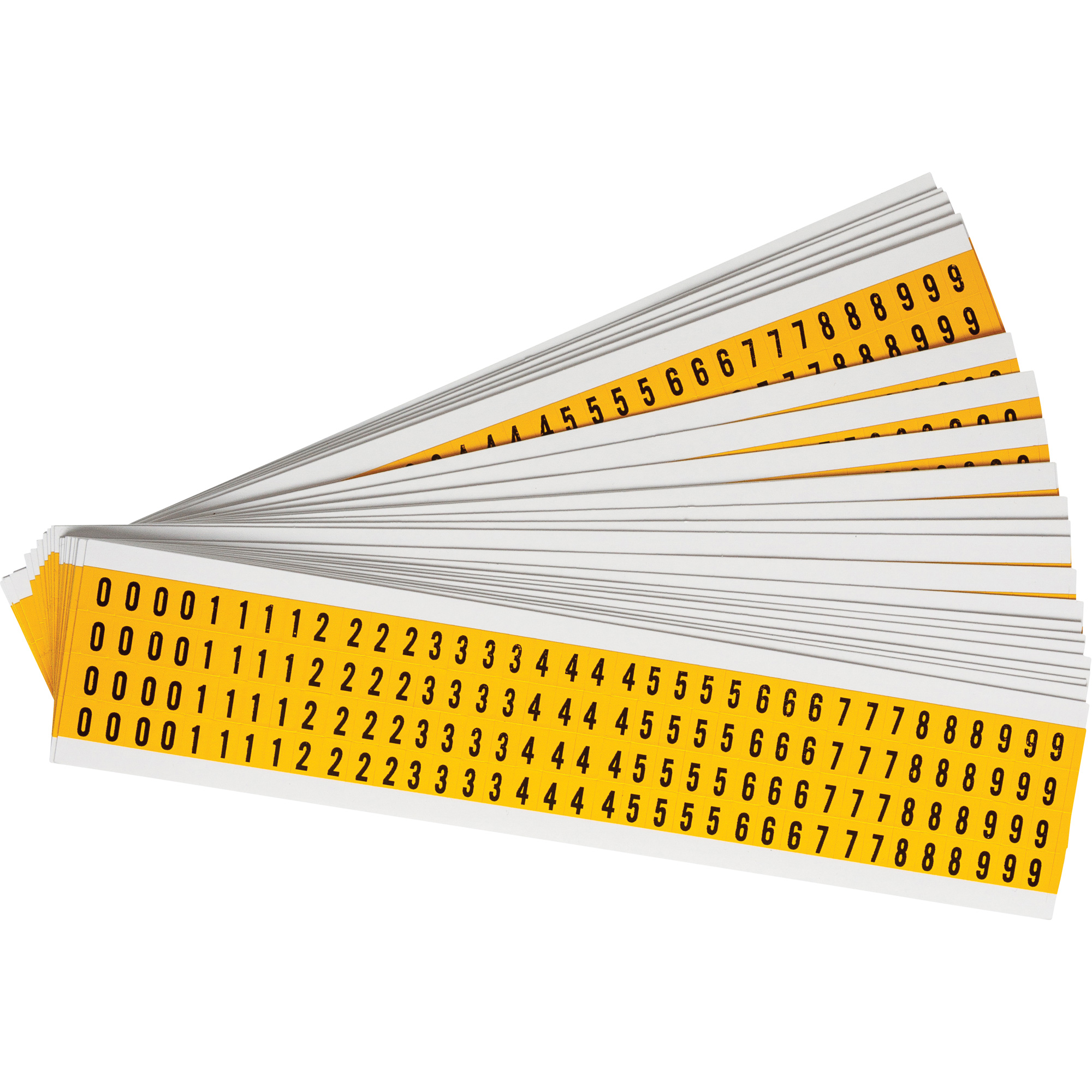 Jeu d'étiquettes de lettres et chiffres individuels, 0 à 9, 1/4" h, Noir sur jaune