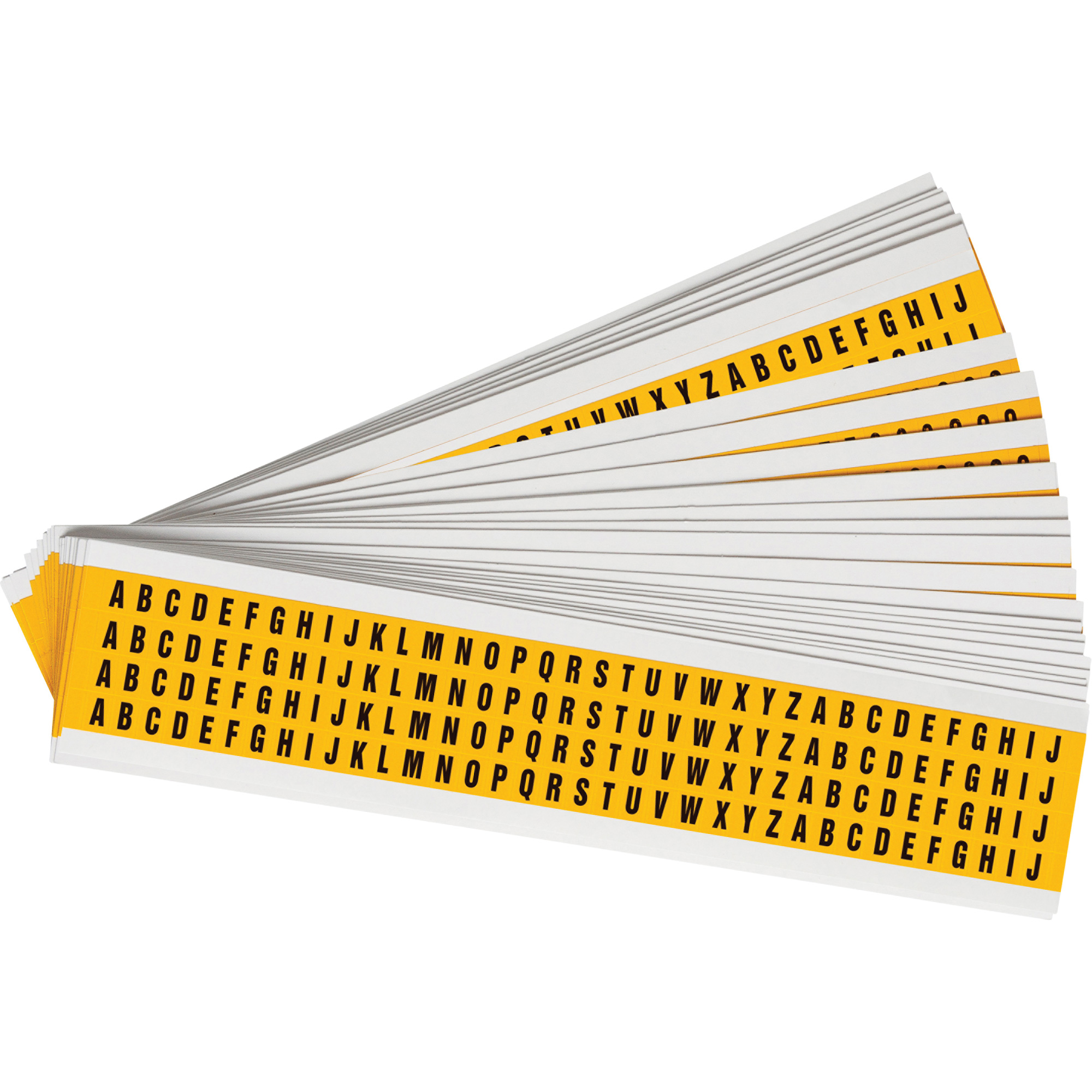 Jeu d'étiquettes de lettres et chiffres individuels, A/B/C/D/E/F/G/H/I/J/K/L/M/N/O/P/Q/R/S/T/U/V/W/X/Y/Z, 1/4" h, Noir sur jaune