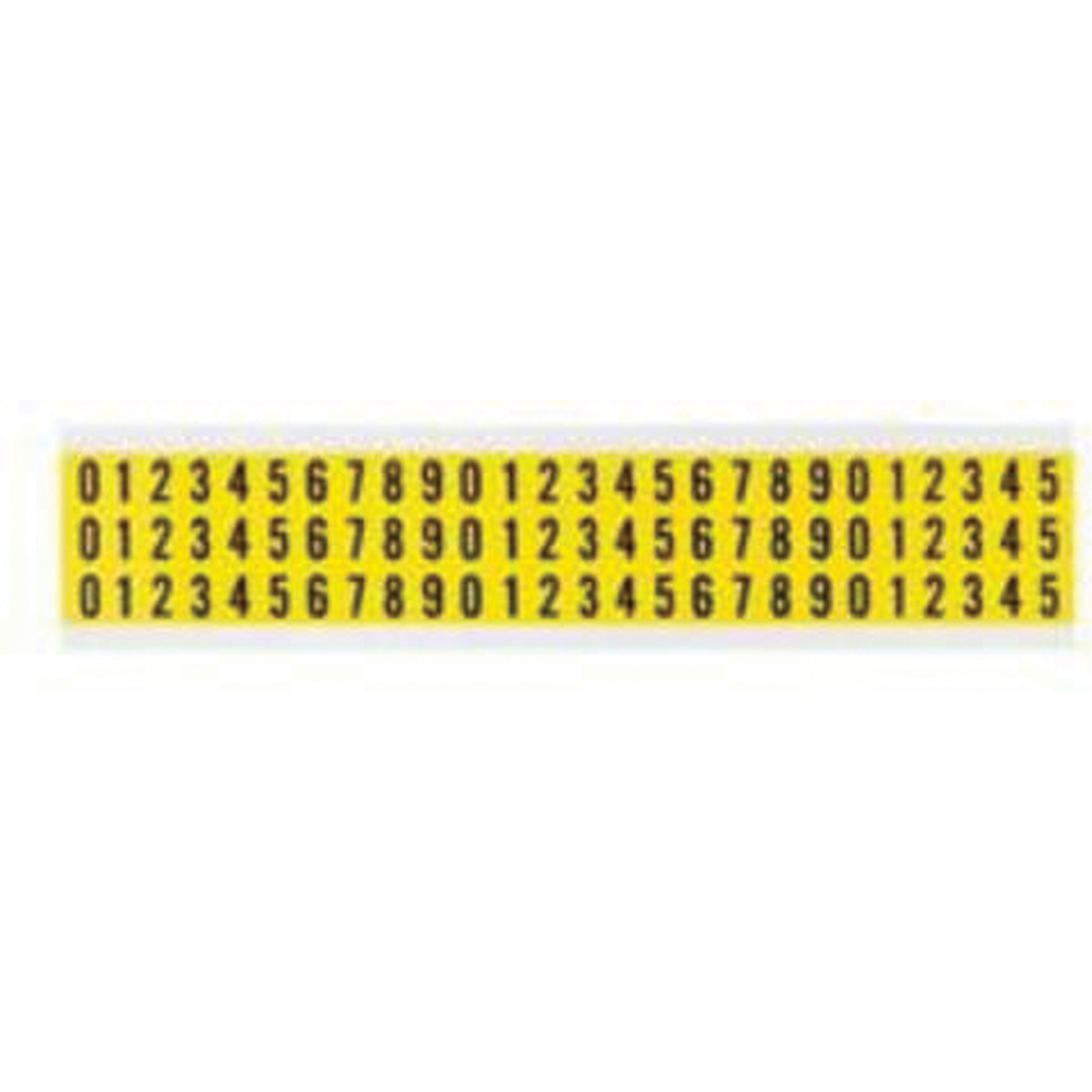 Jeu d'étiquettes de lettres et de chiffres individuels repositionnables, 0 à 9, 3/8" h, Noir sur jaune