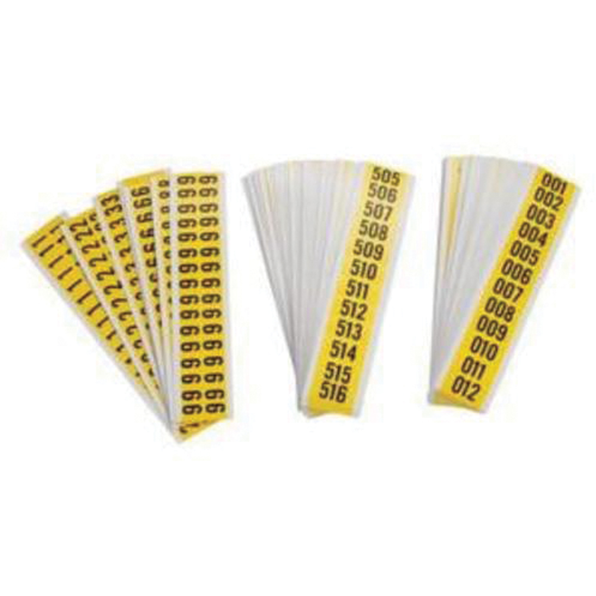 Jeu d'étiquettes de lettres et de chiffres individuels repositionnables, 001 à 999, 5/8" h, Noir sur jaune