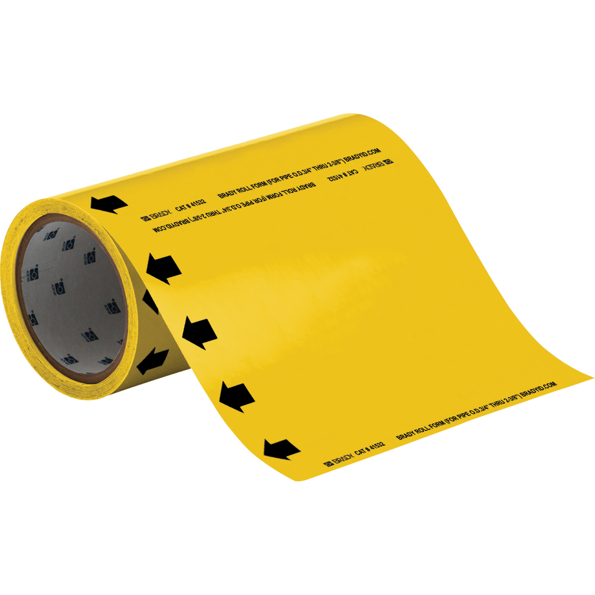 Marqueur de tuyau à profil rond vierge avec flèche, Autocollant, Taillable h x 8" la, Noir sur jaune