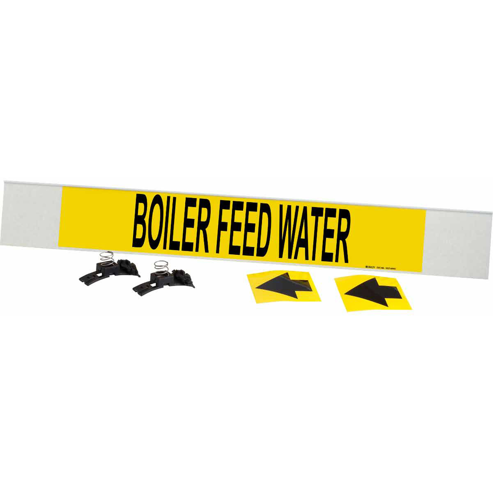 Marqueur de tuyau «Boiler Feed Water», Transporteur en fibre de verre avec agrafes, 4" h x 24" la, Noir sur jaune