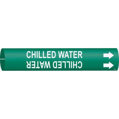Marqueur de tuyau «Chilled Water», À pression, 2" h x 2" la, Blanc/vert